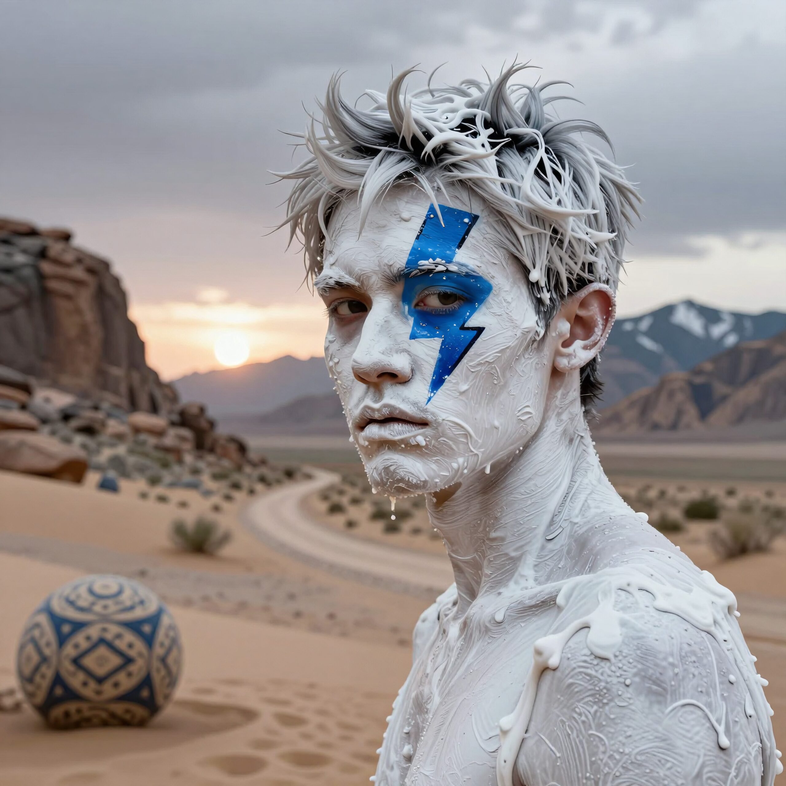 Portrait of a person with white paint and blue lightning bolt on face in a desert landscape during sunset.
