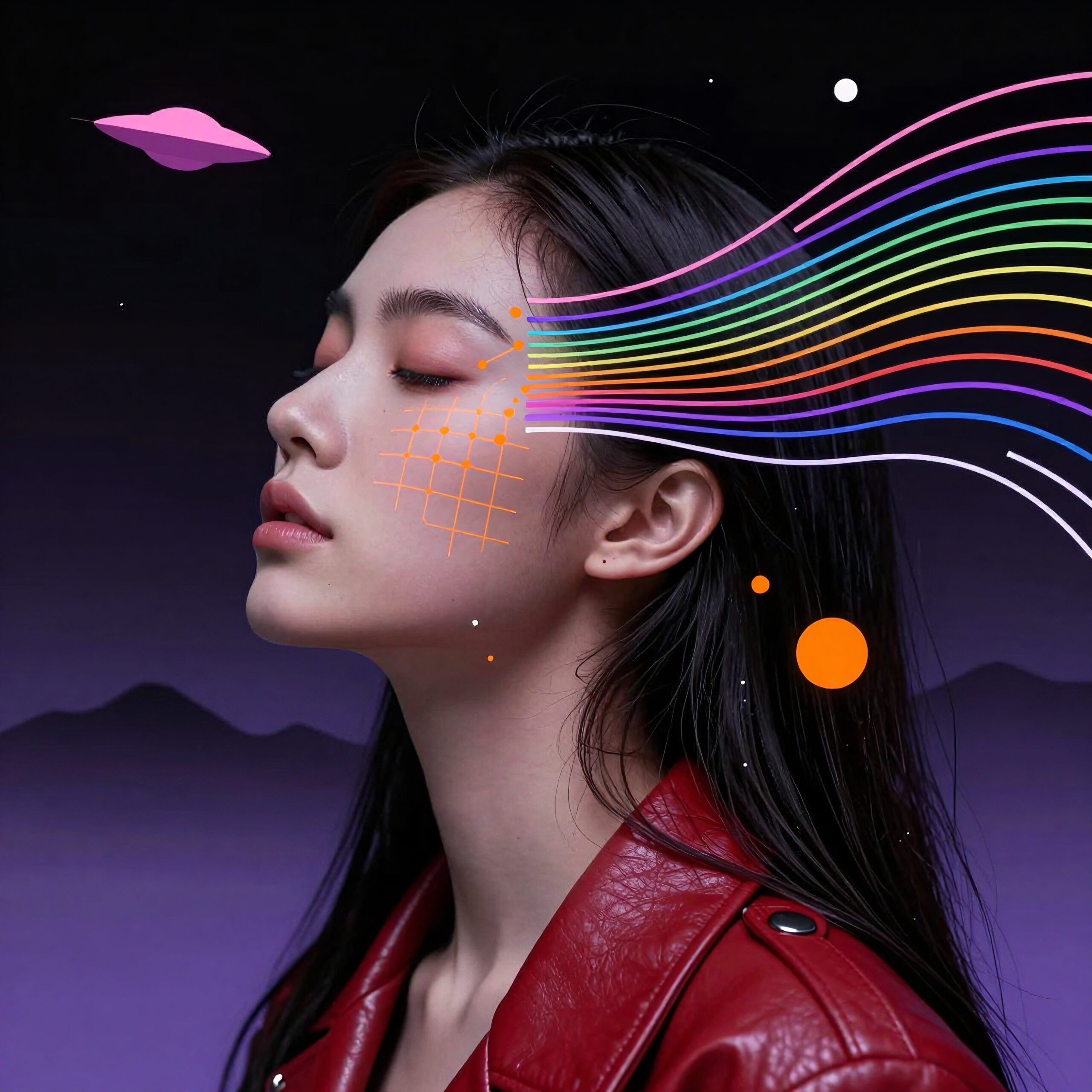 A woman in a red leather jacket with colorful digital art elements suggesting imagination and creativity, set against a purple background.