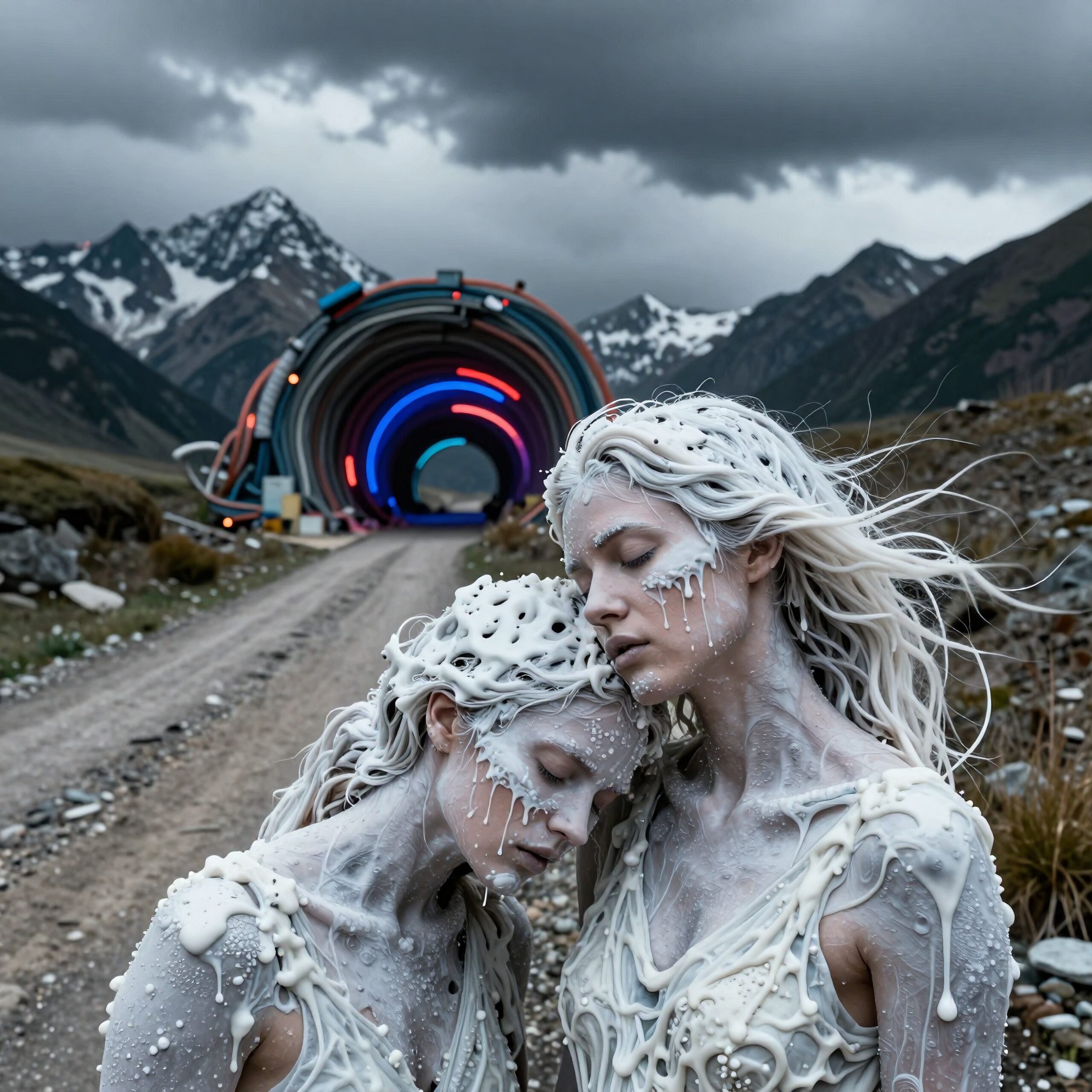 Surreal figures in white embrace in front of neon-lit tunnel amidst mountain landscape.