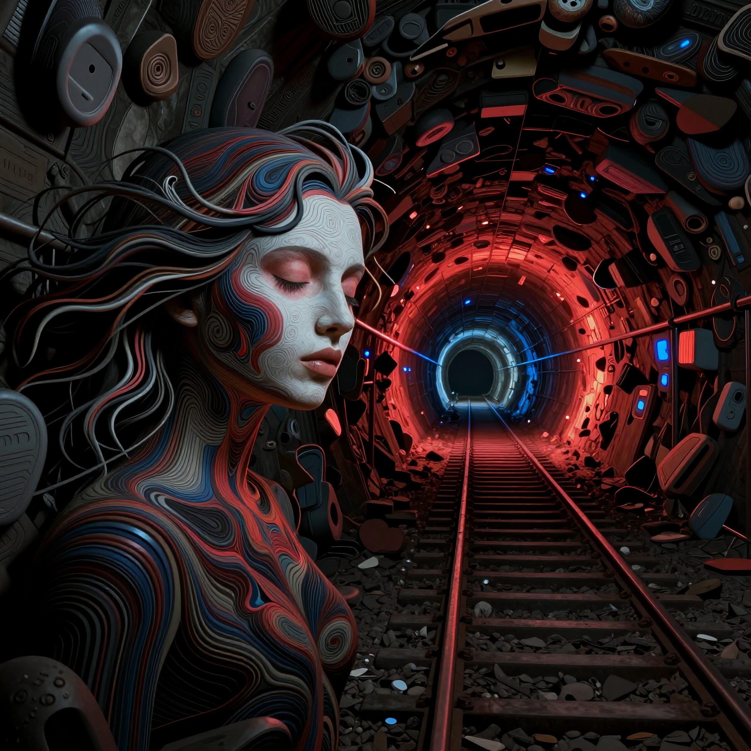 Surreal futuristic figure in colorful patterned tunnel illuminated with red and blue lights.
