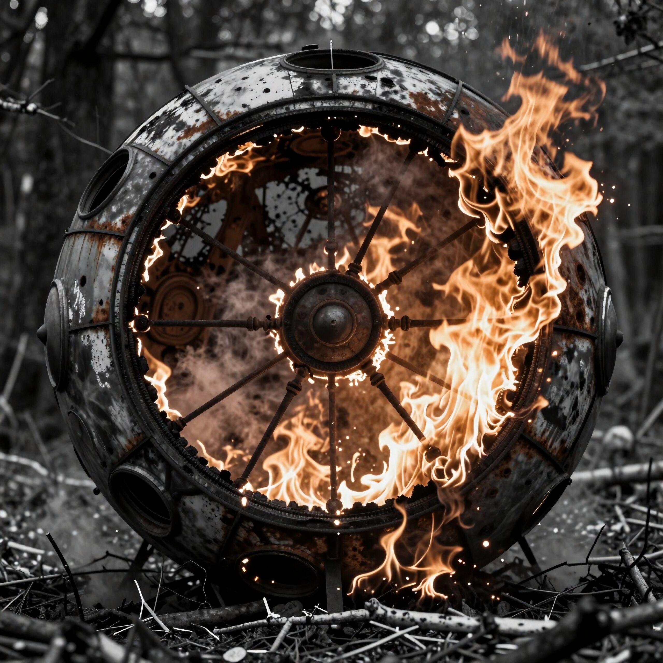 A rusted metal sphere engulfed in flames in a forest setting.