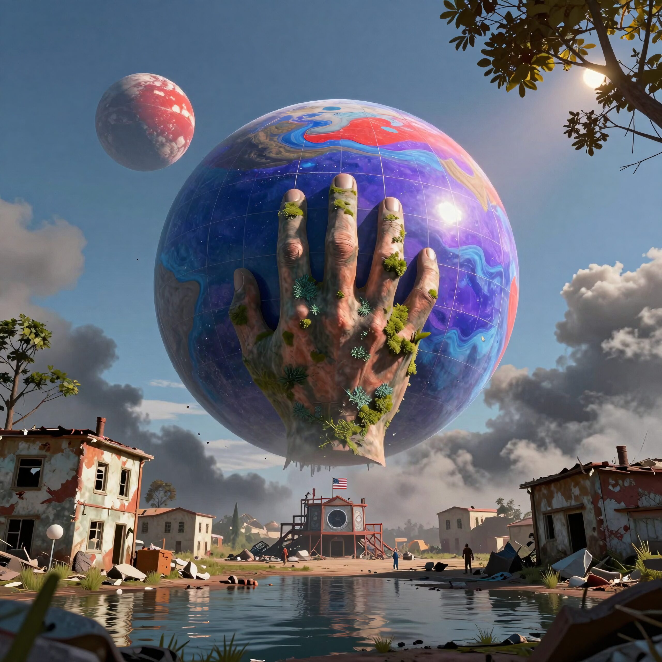 Surreal image of a giant hand holding a colorful globe in a dilapidated village setting with dramatic clouds and planets above.