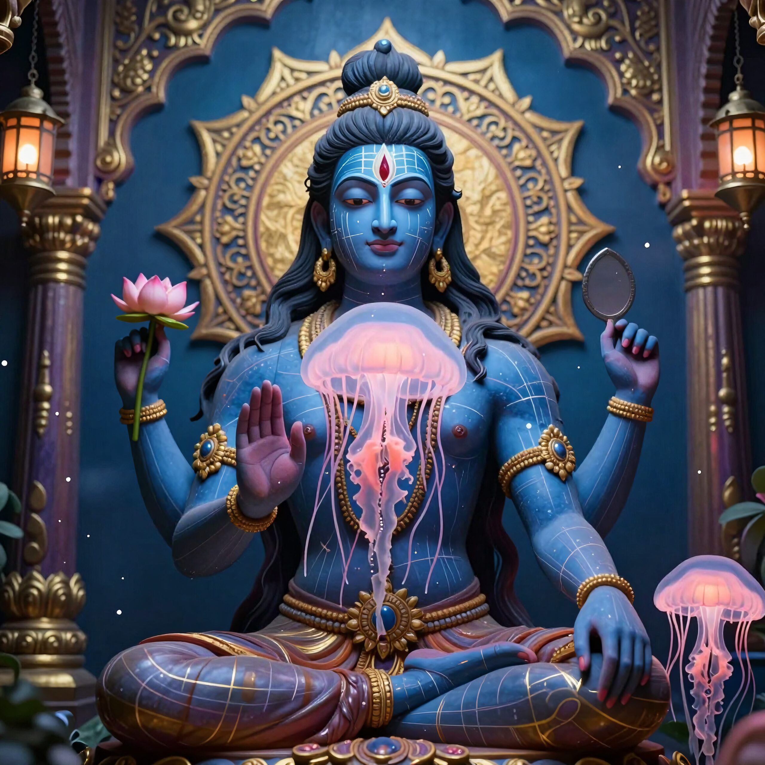 A mystical blue-skinned deity meditates while holding a lotus and mirror, encircling golden mandala, alongside ethereal jellyfish in a serene, ornate setting with warm illumination.