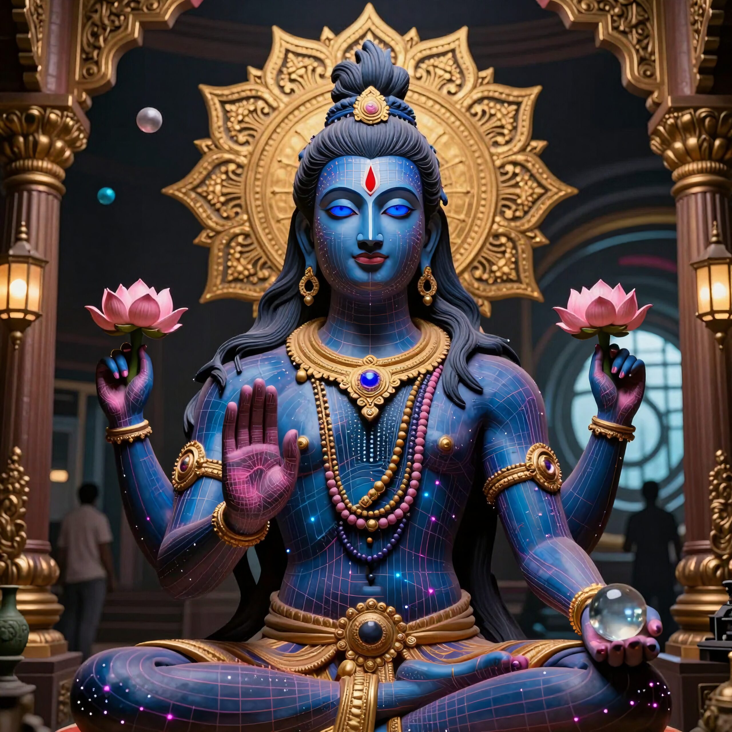"Blue-skinned deity with lotus in ornate spiritual setting."