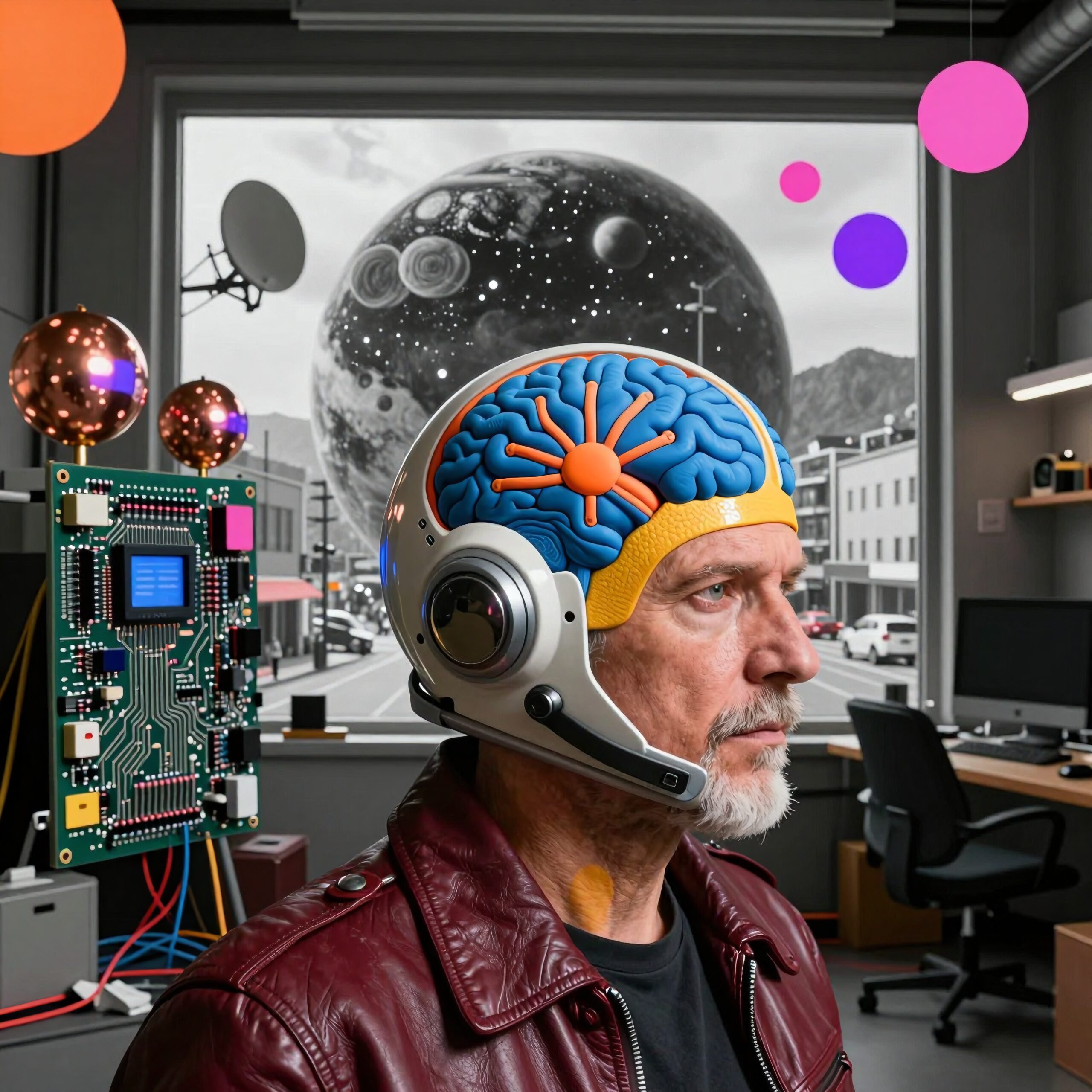 Futuristic image of a man with a brain-patterned helmet in an innovative office setting with space-themed window.