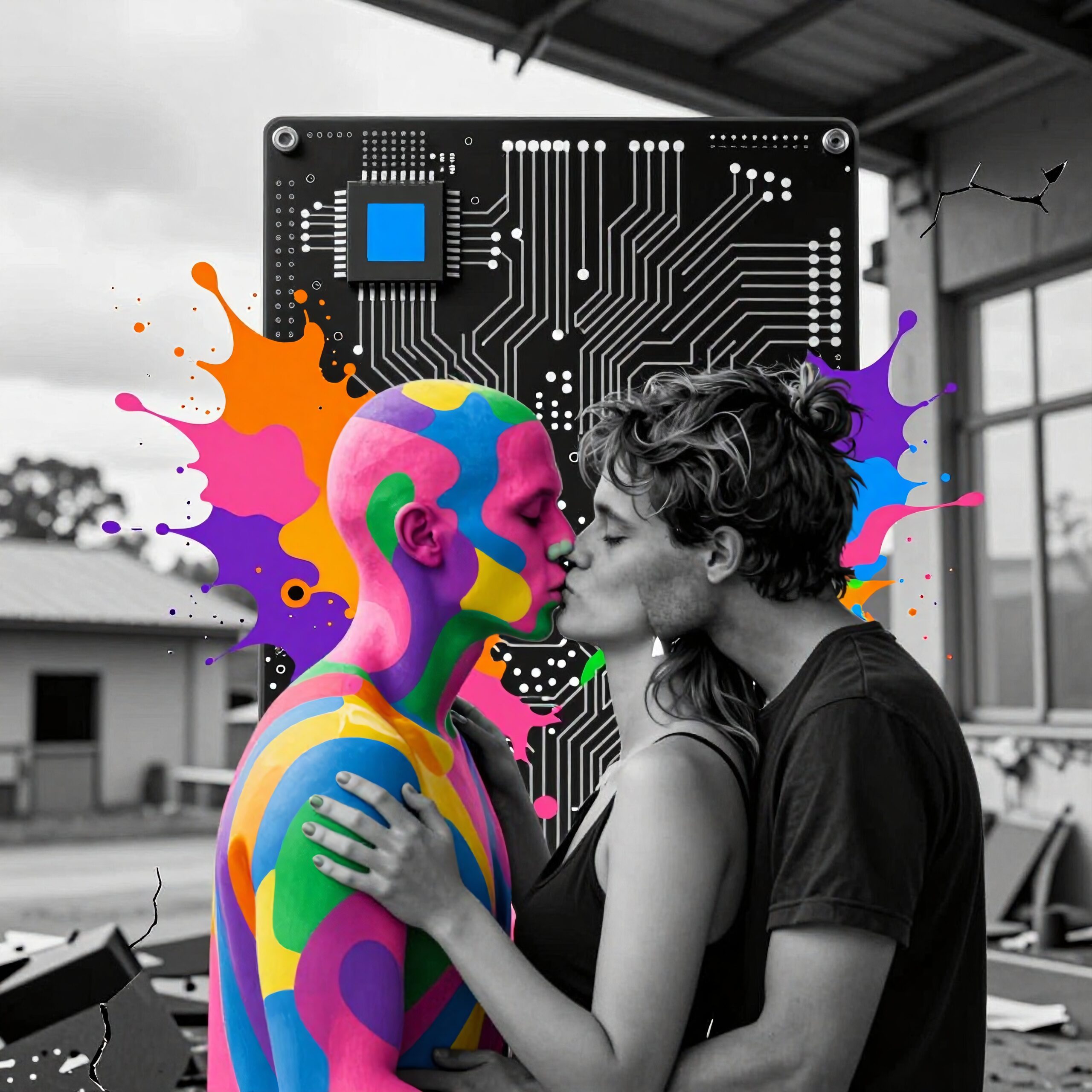 A vibrant figure and partner kiss with circuit board backdrop.