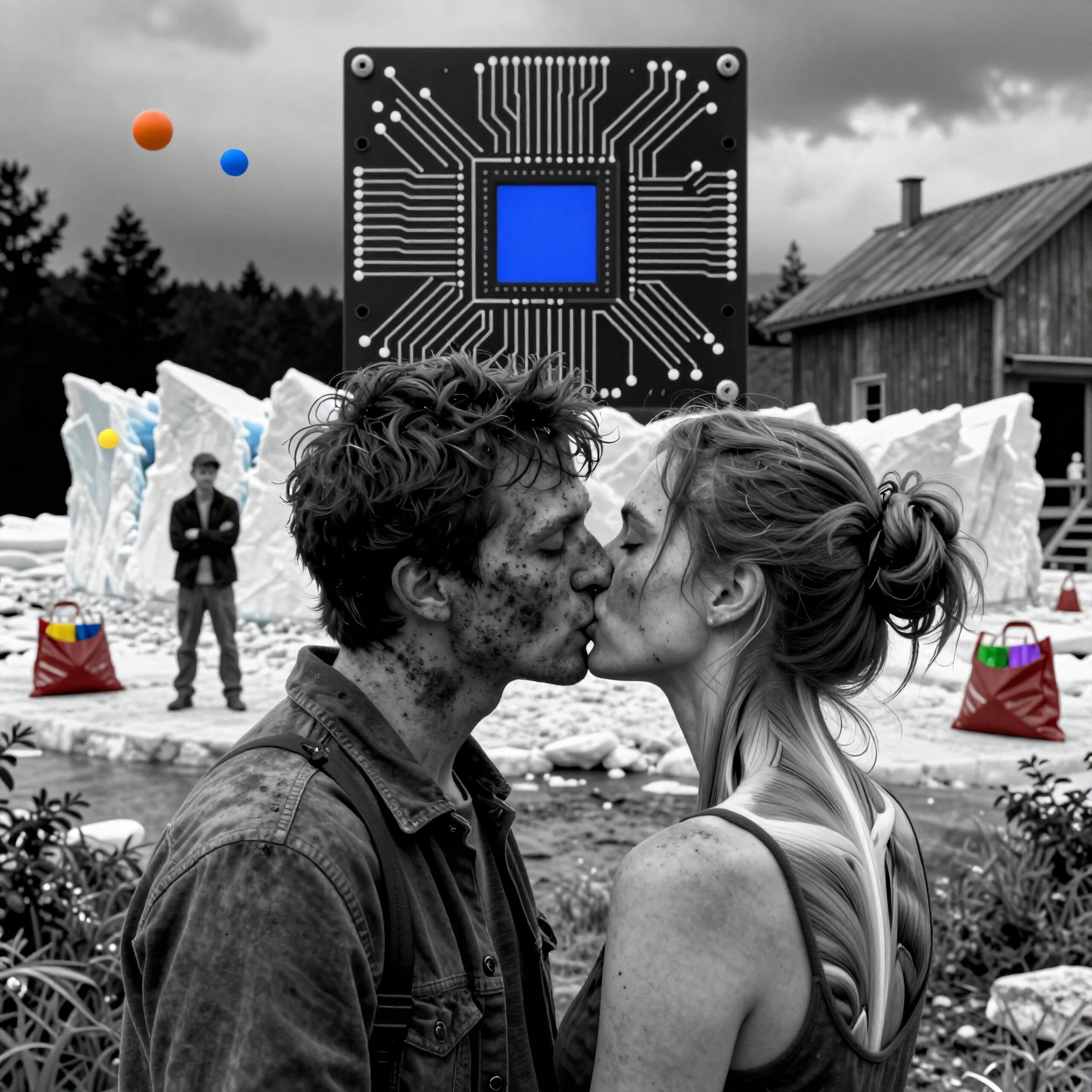 A couple kisses in front of a large microchip sculpture, surrounded by snowy terrain and colorful elements.