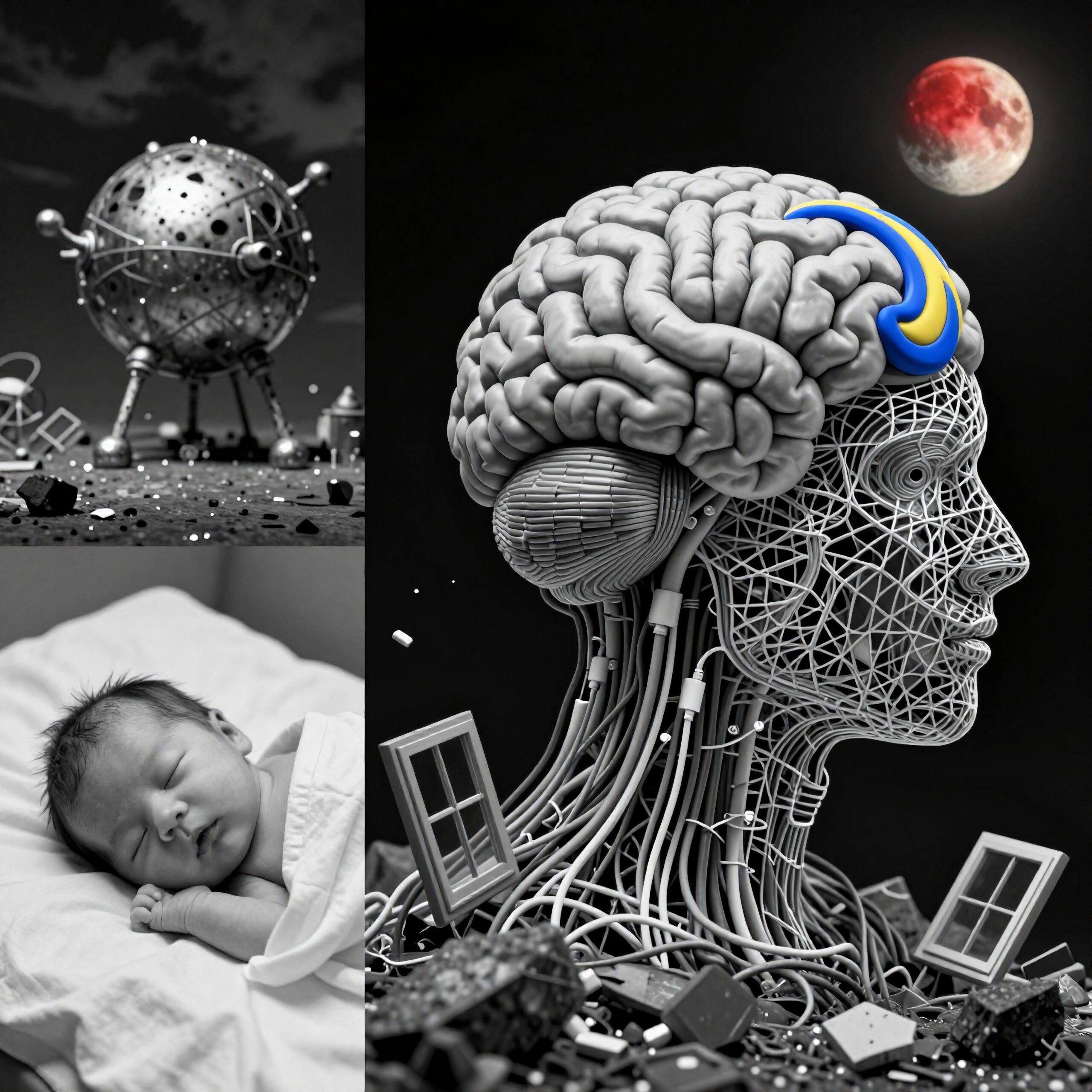 Futuristic human brain wired with technology and cosmic imagery.