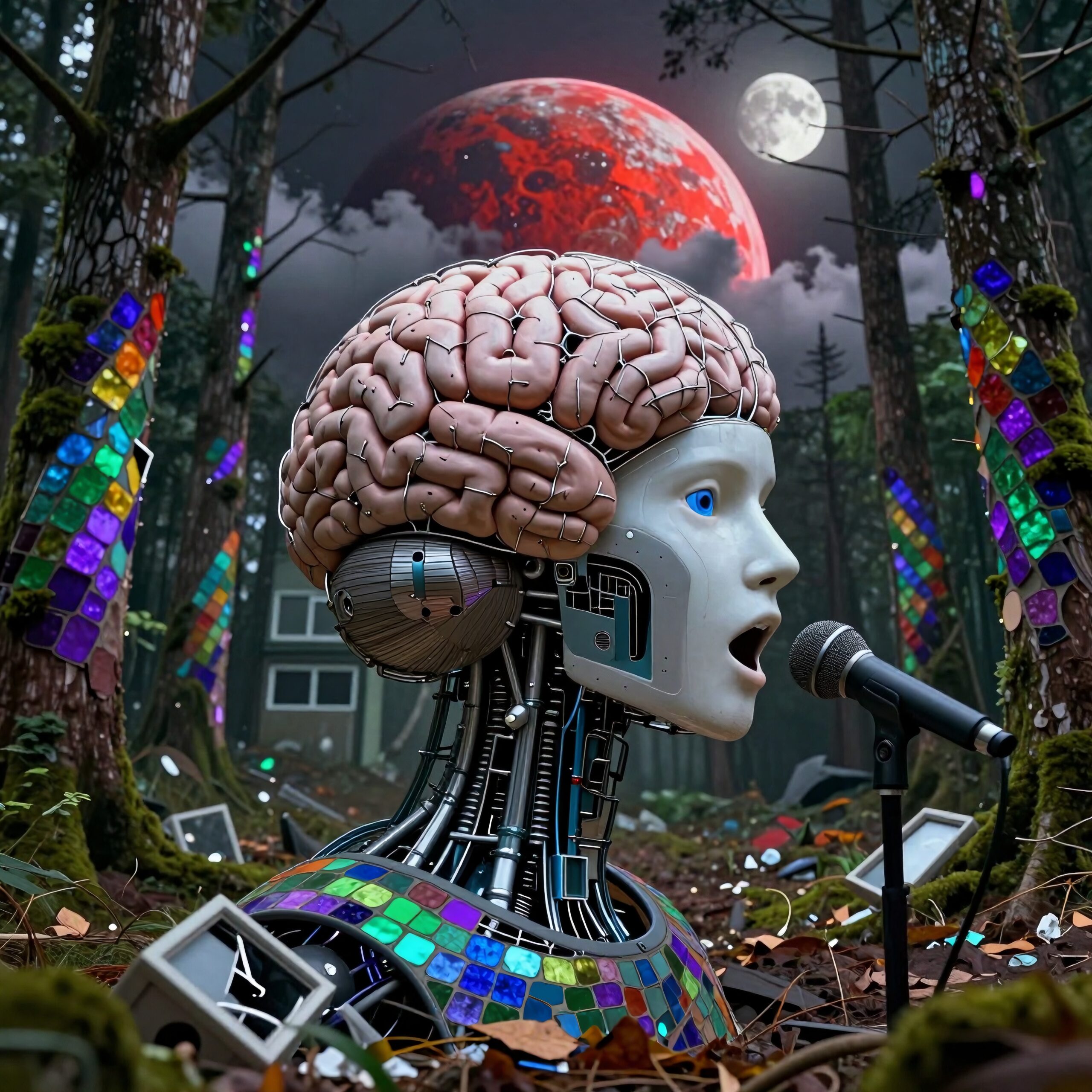 A humanoid robot sings in a colorful, moonlit forest.
