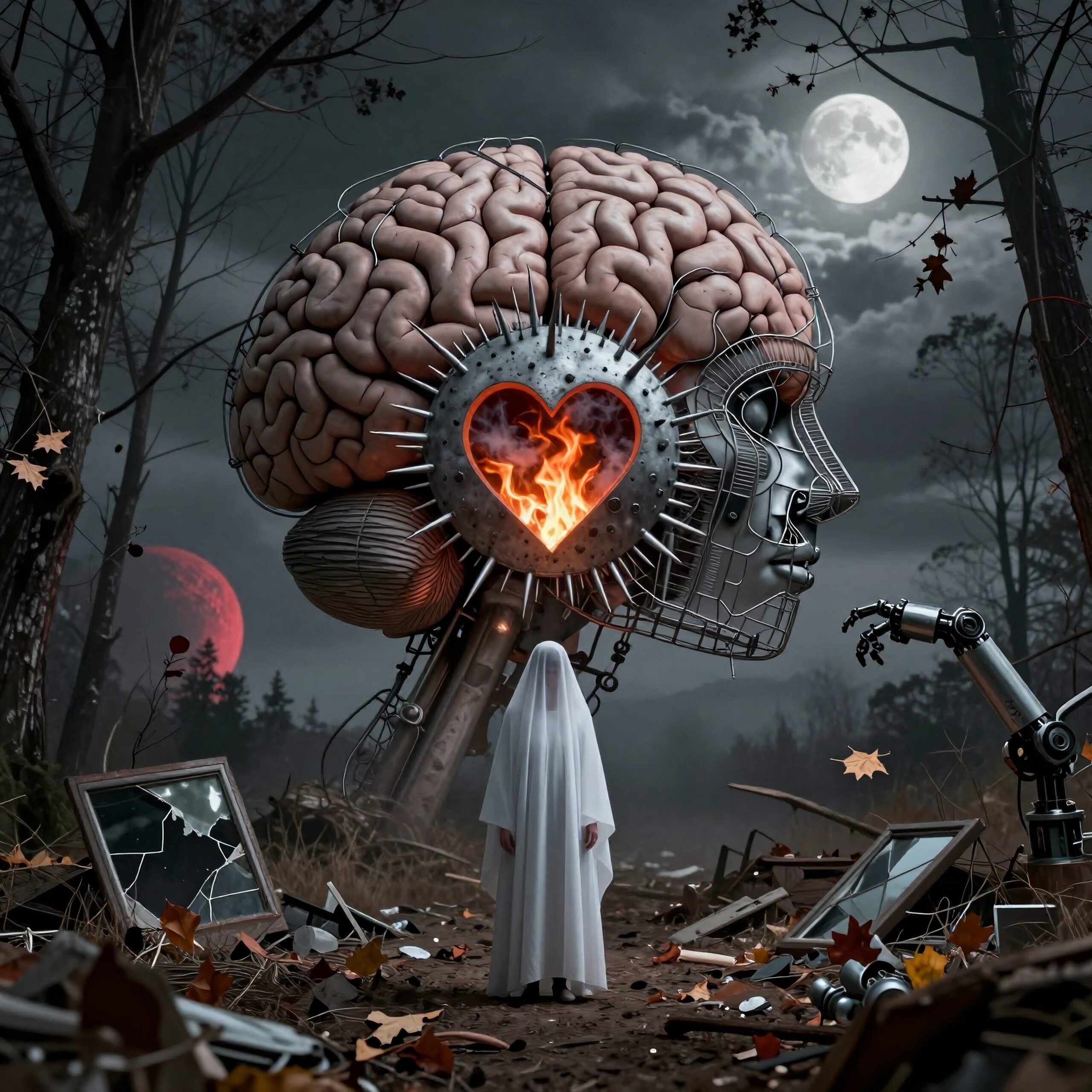 A ghostly figure and large brain in a robotic head amidst an eerie forest setting under full moons.