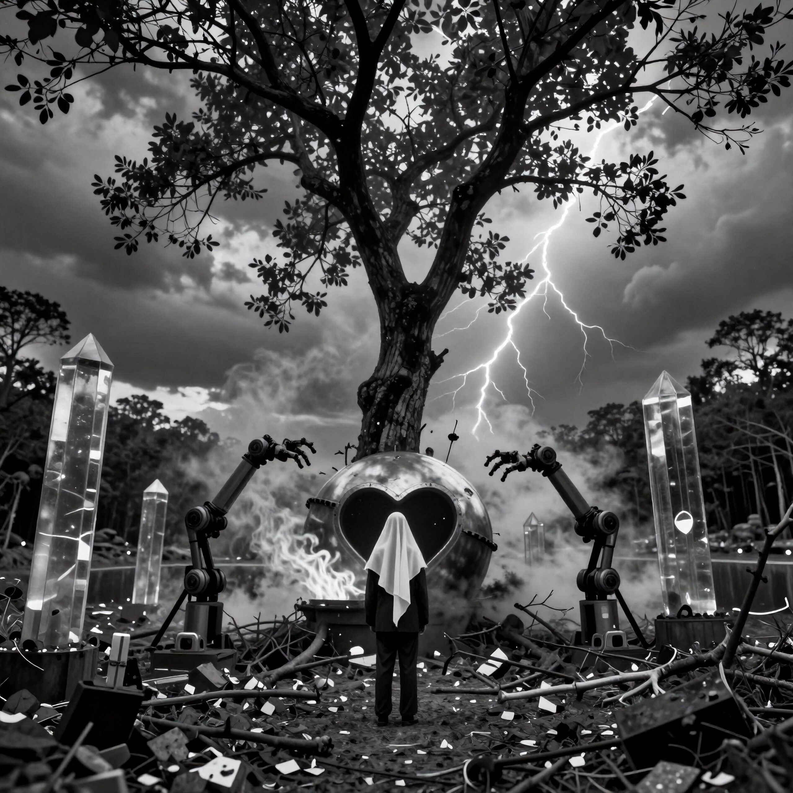 Surreal scene with a heart-shaped object, robotic arms, and crystals under stormy skies.