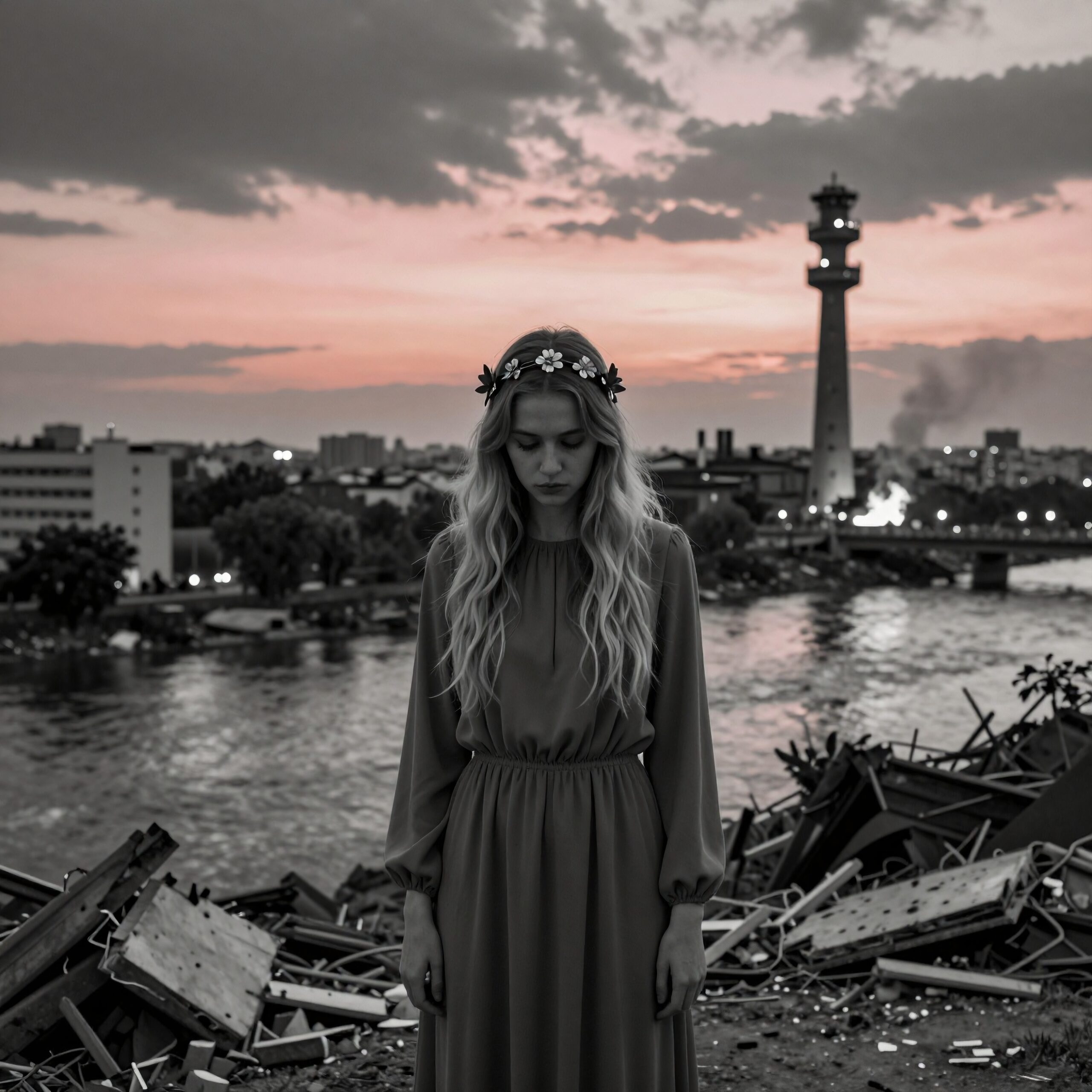 A woman in a dress stands on debris-strewn rooftop overlooking city skyline at sunset.