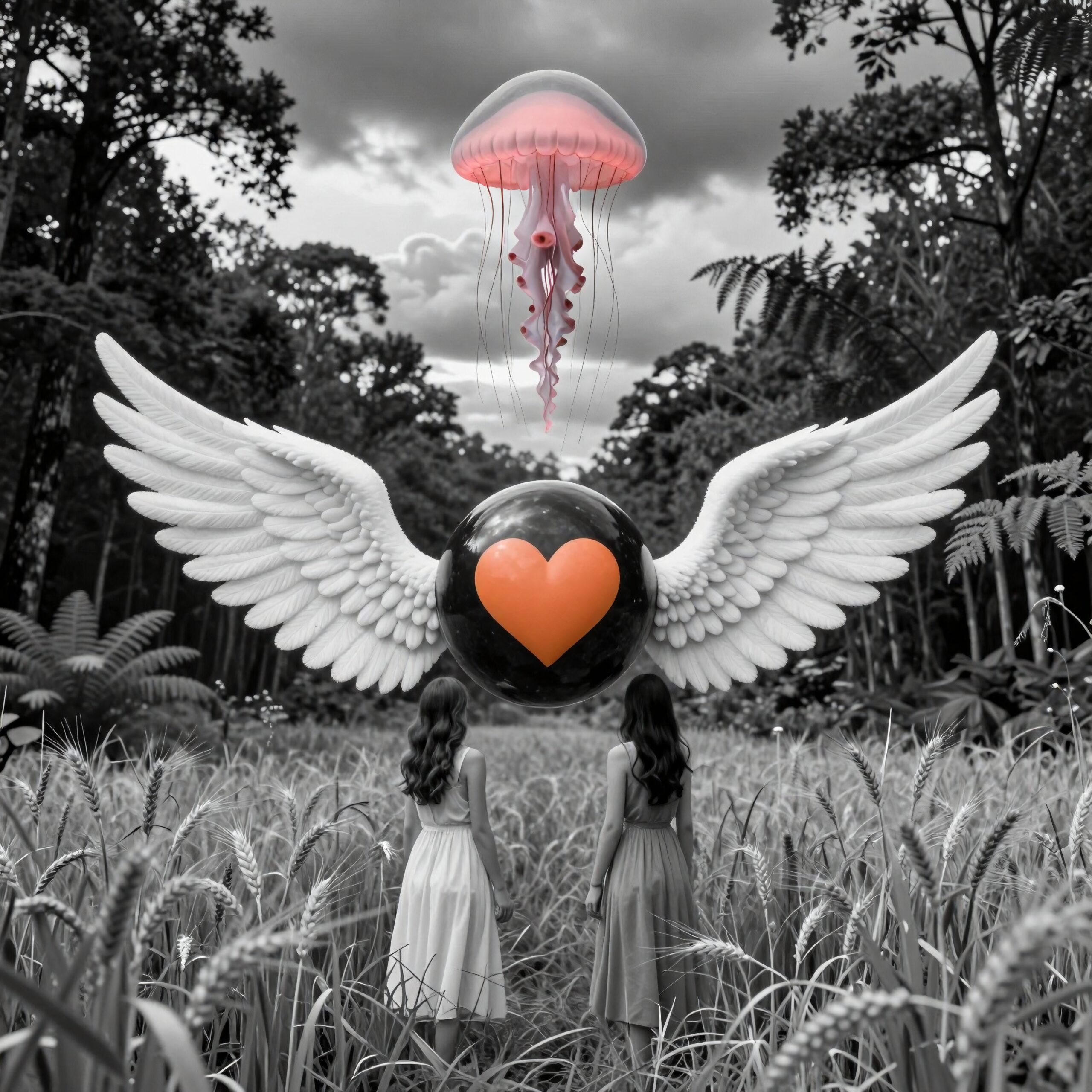 Two girls in grayscale forest captivated by floating orb with heart and jellyfish.