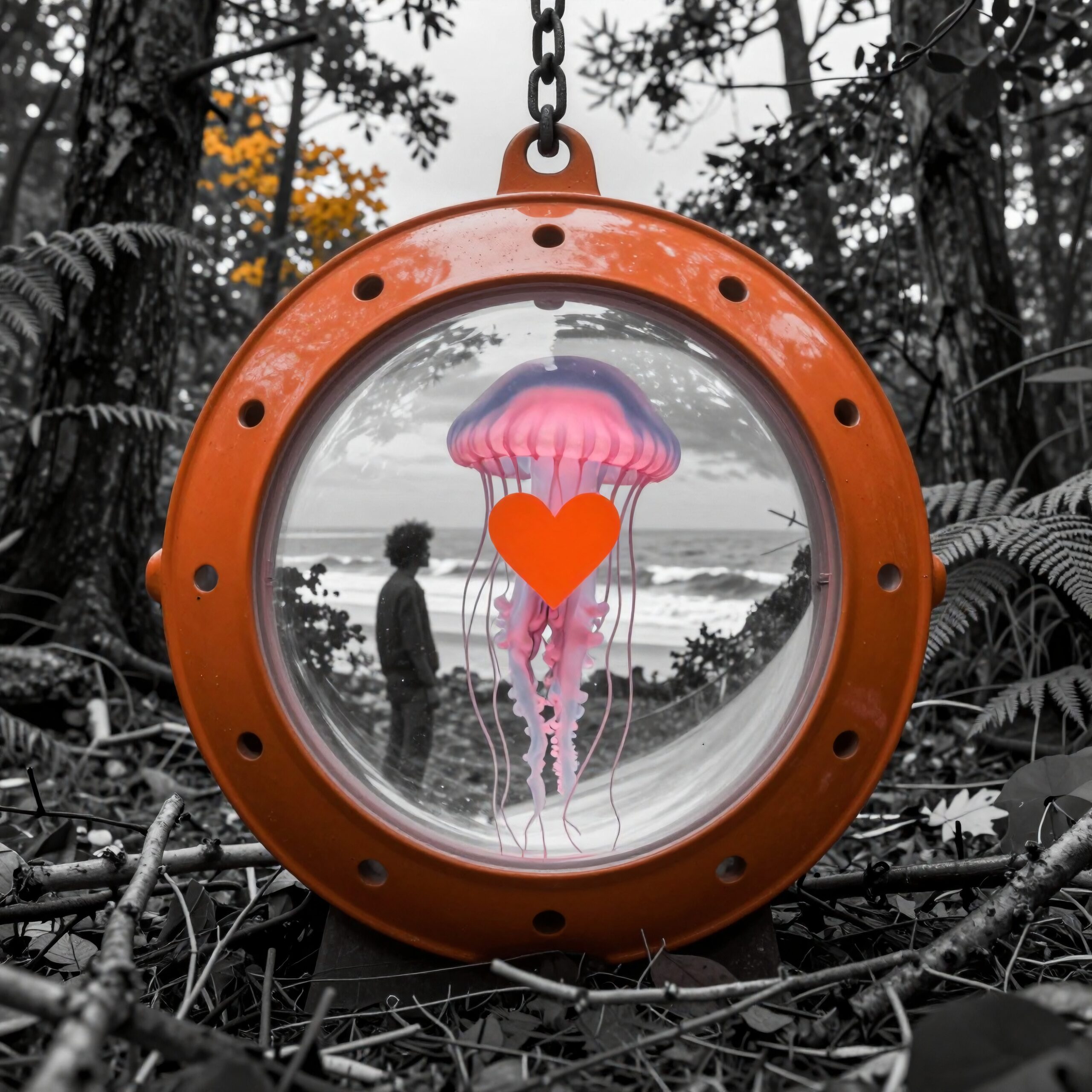 A pink jellyfish with a heart inside an orange frame in a monochrome forest.
