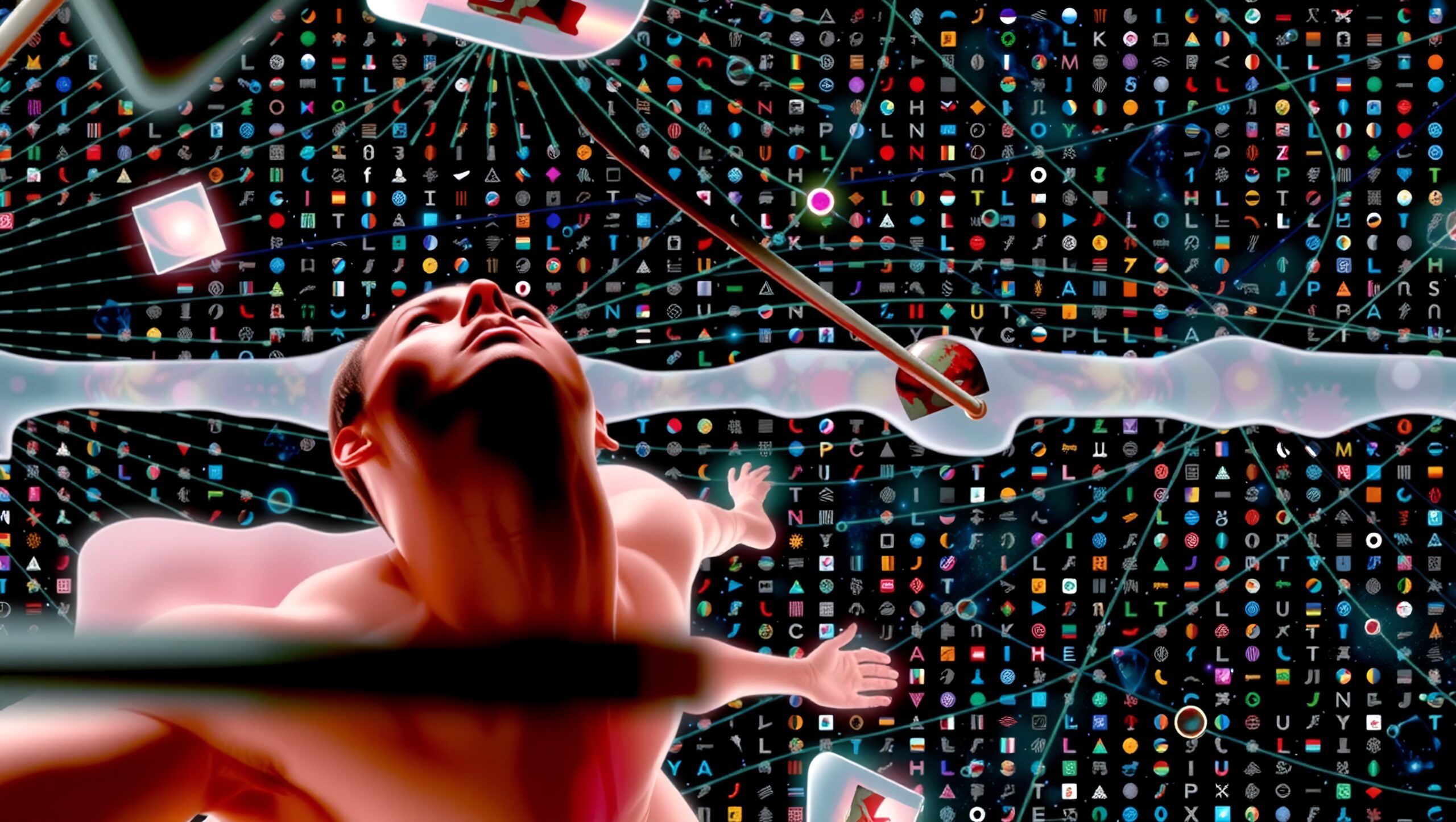 Futuristic digital scene with abstract symbols and human form.