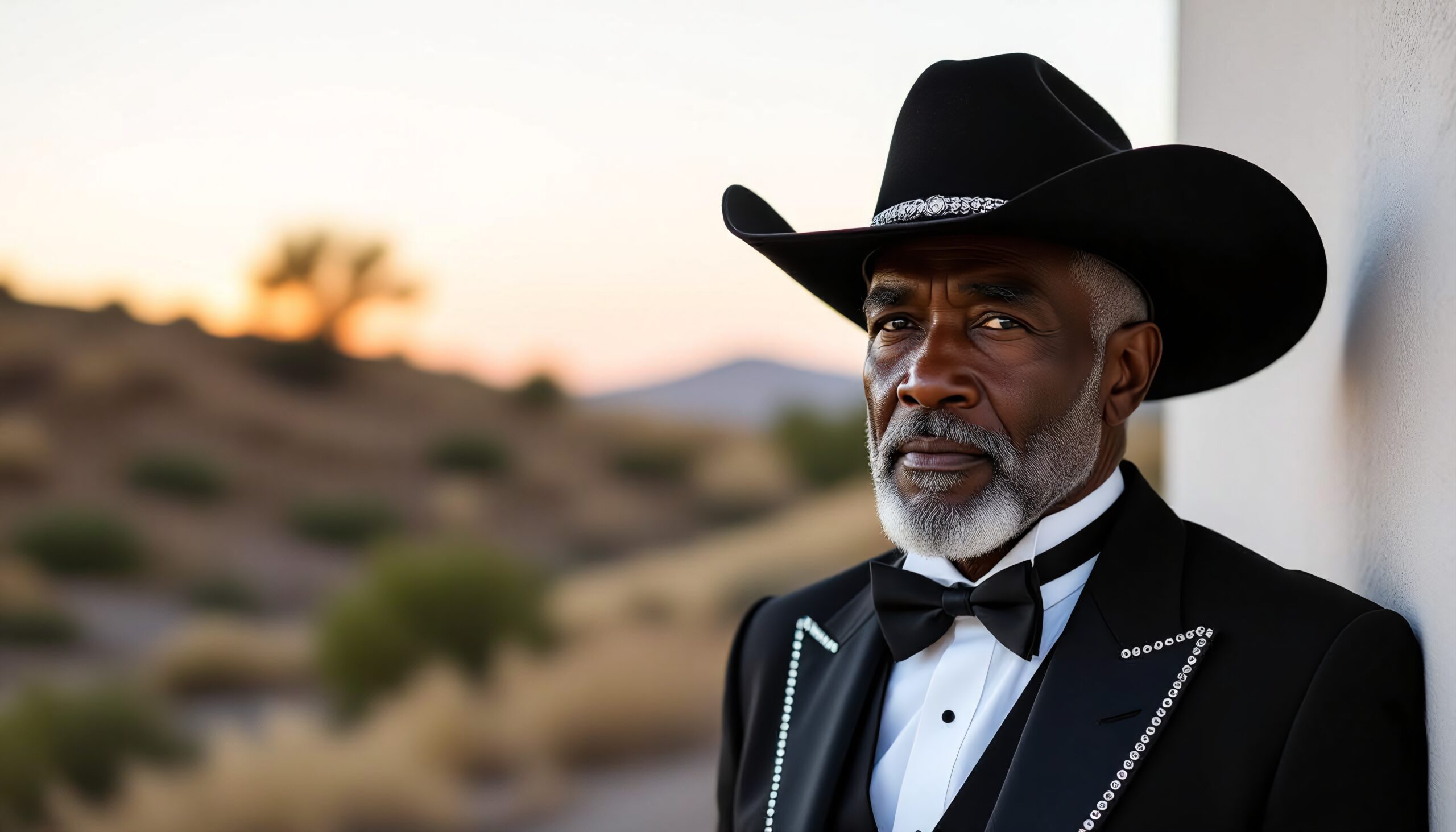 Elderly man in cowboy hat with a stylish suit against a scenic sunset backdrop.