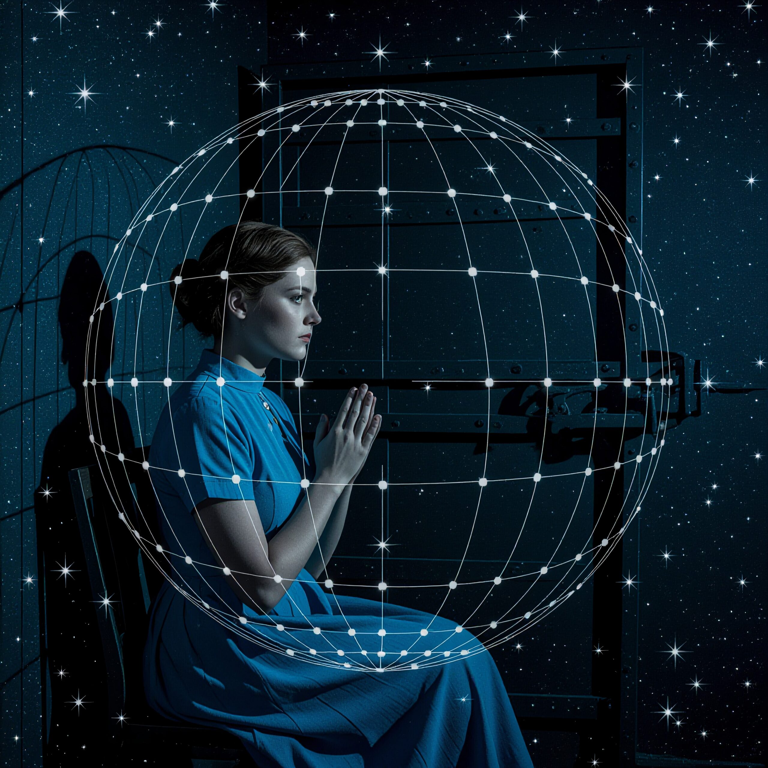 Woman in blue dress under a starry celestial grid, conveying themes of reflection and cosmic connection.