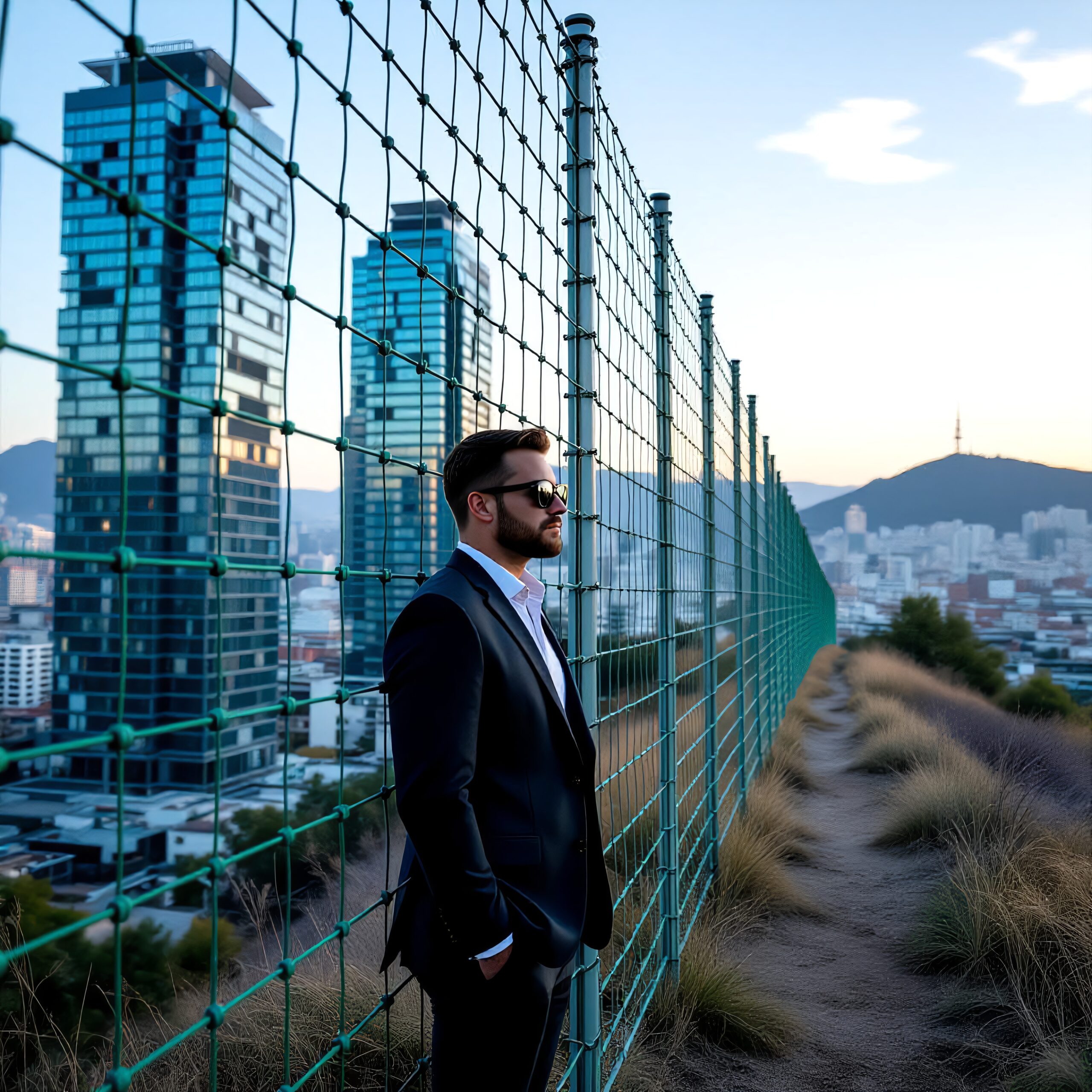 A man in a suit stands beside a fence on a rooftop, overlooking a cityscape at sunset.
