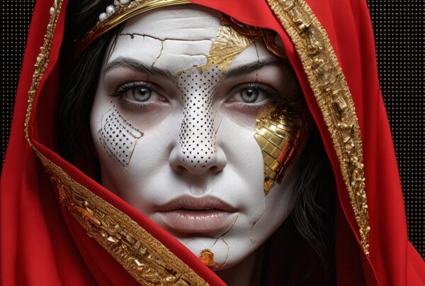 A person with white face paint and gold accents against a red ornate veil, suggestive of cultural and artistic themes.