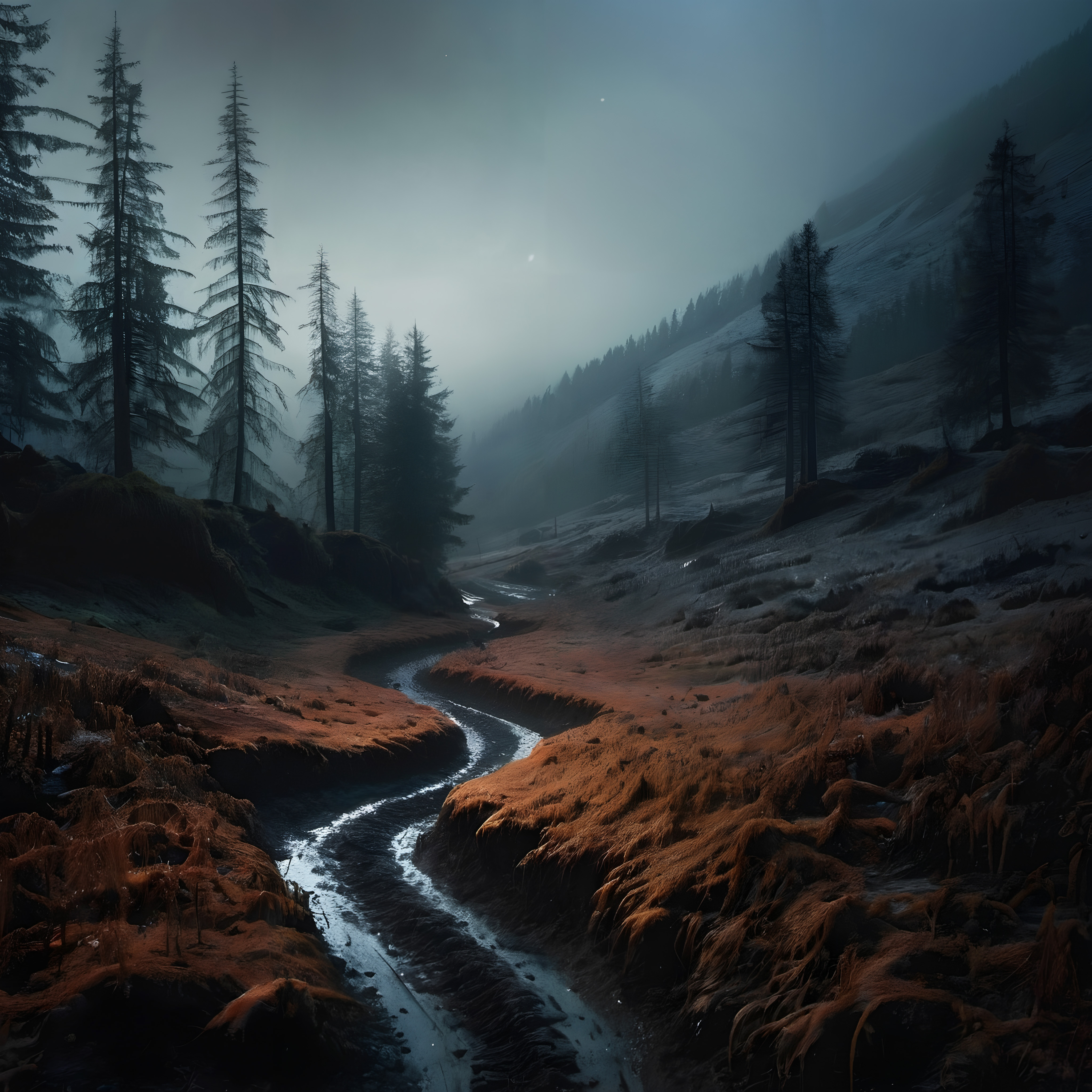 A winding river in a misty forest under a starry night sky.