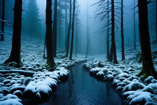 A tranquil snowy forest scene with a misty river flowing through tall bare trees.