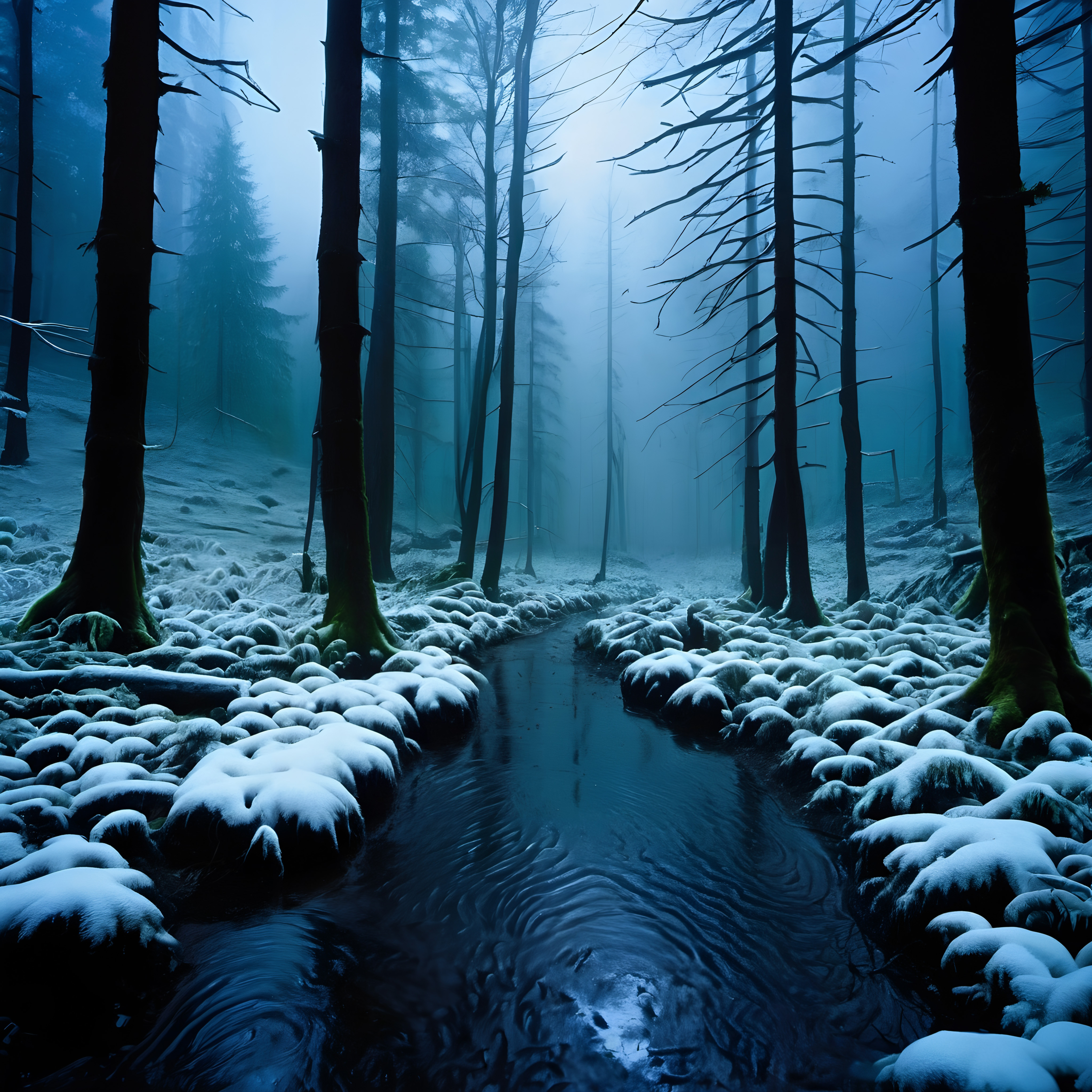 A tranquil snowy forest scene with a misty river flowing through tall bare trees.