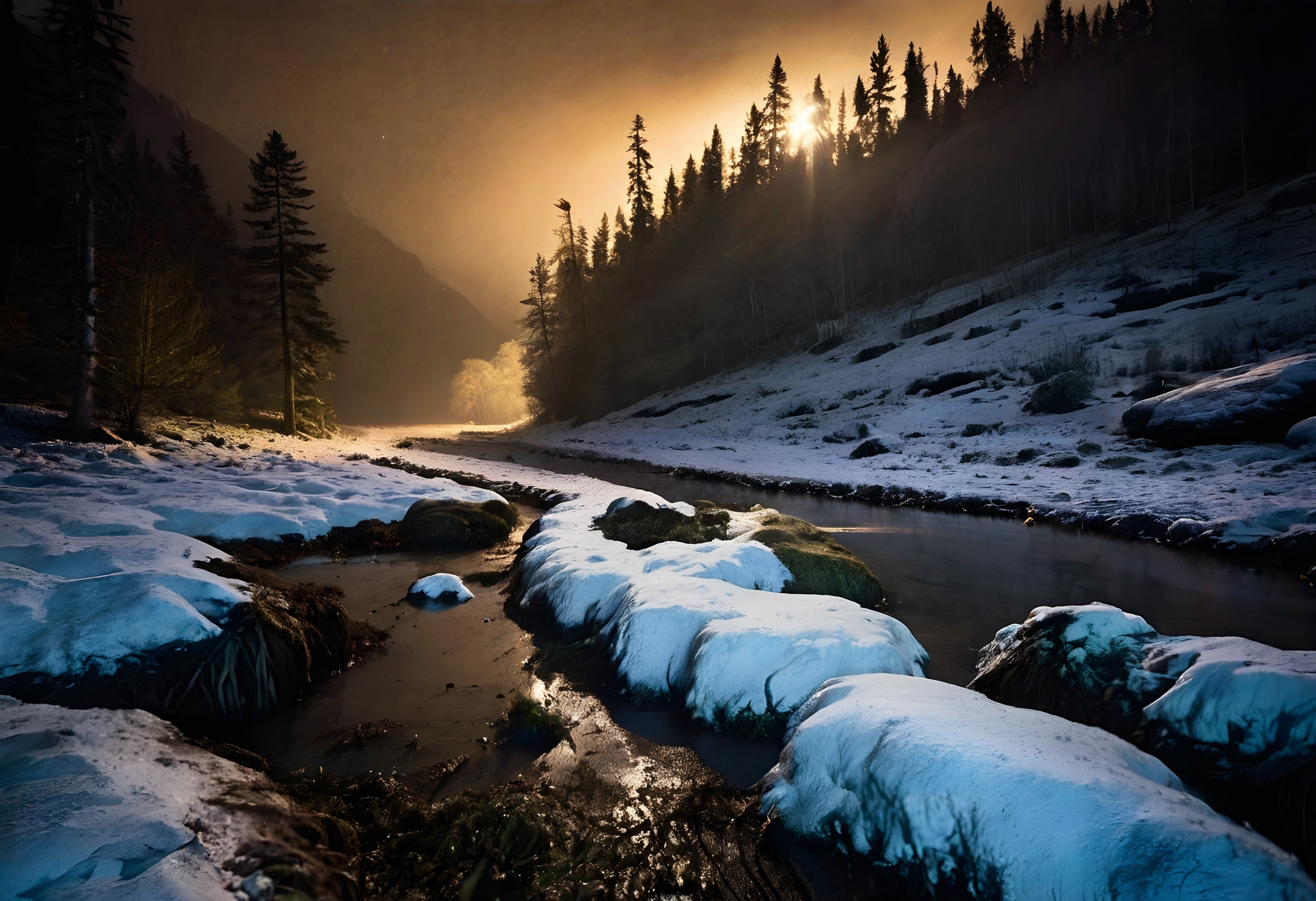 A winter stream in a snowy forest