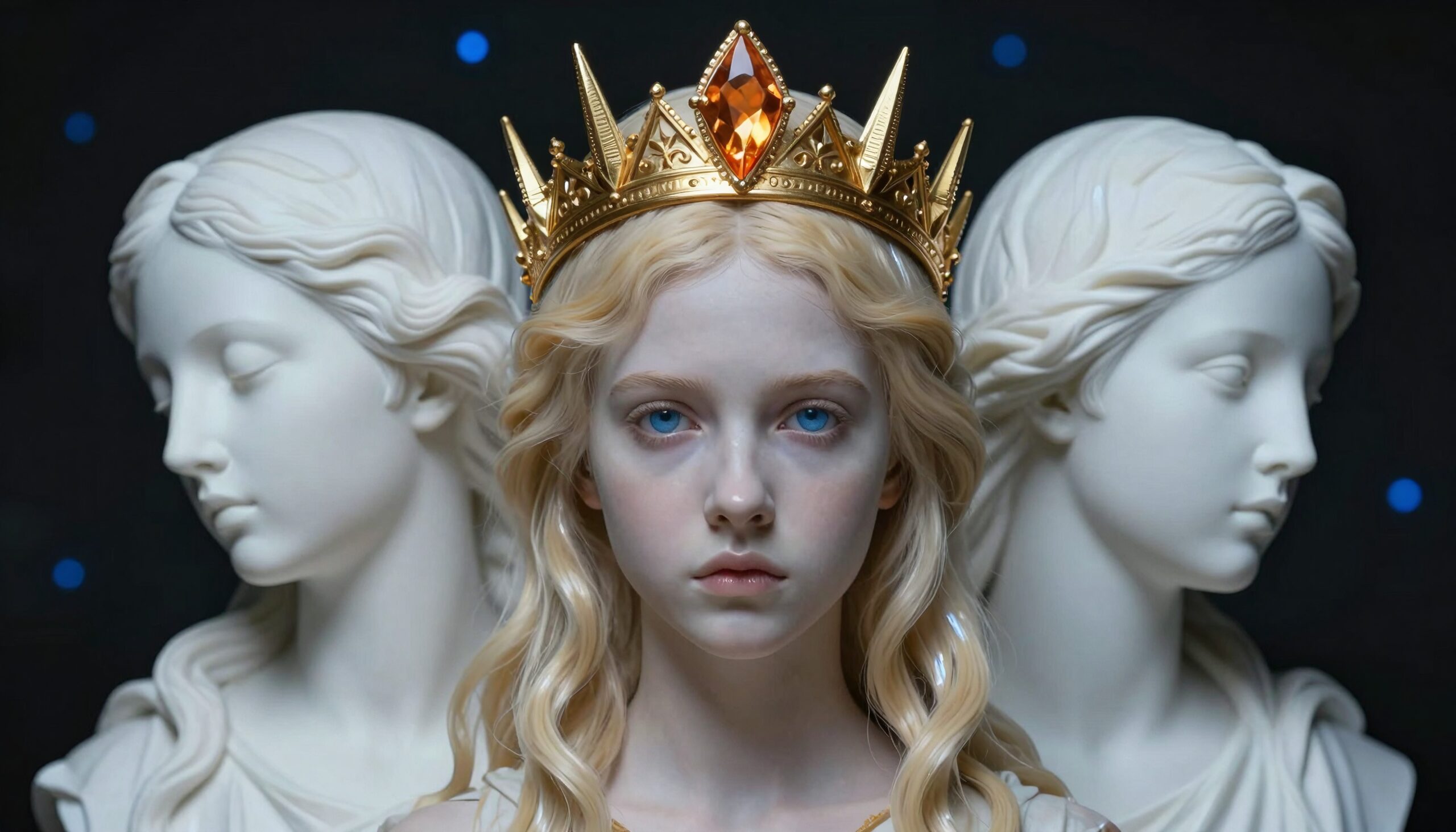 Young woman crowned, flanked by marble statues against a starry night sky.