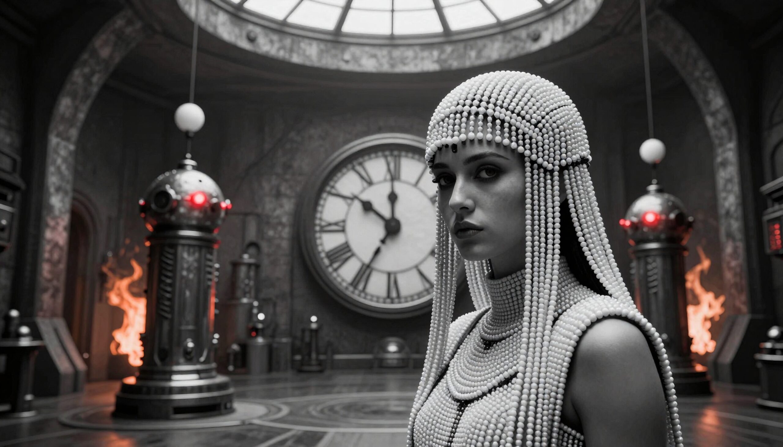 A woman in pearl attire stands in a futuristic room with an antique clock background and glowing elements.