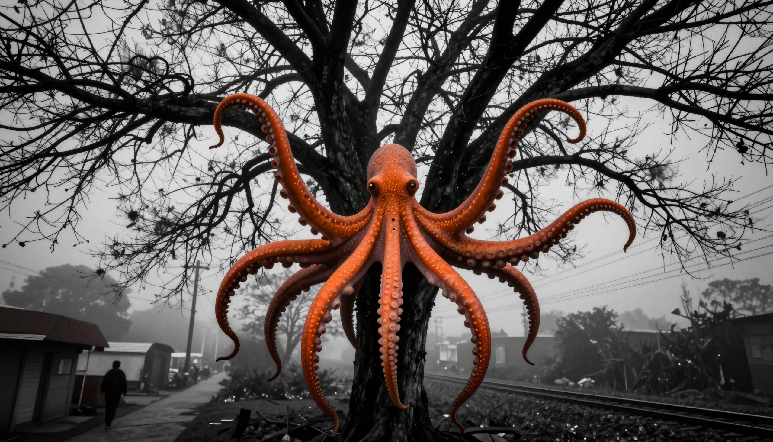 A vibrant orange octopus entwined in tree branches amidst a foggy rural landscape, creating a surreal and mysterious ambiance.