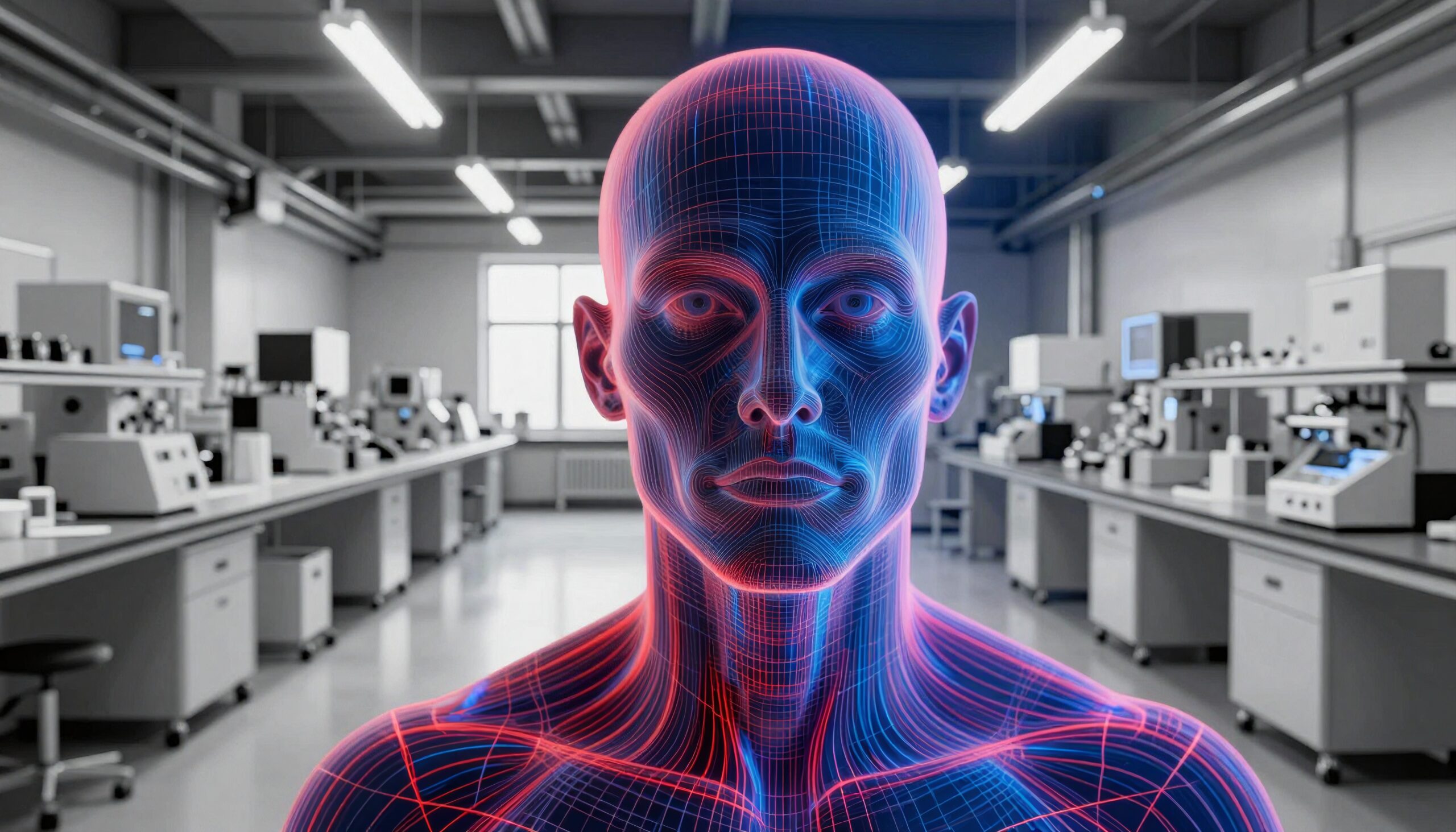 A digital human figure in a laboratory setting highlights technology's intersection with traditional science, featuring vibrant wireframe design.