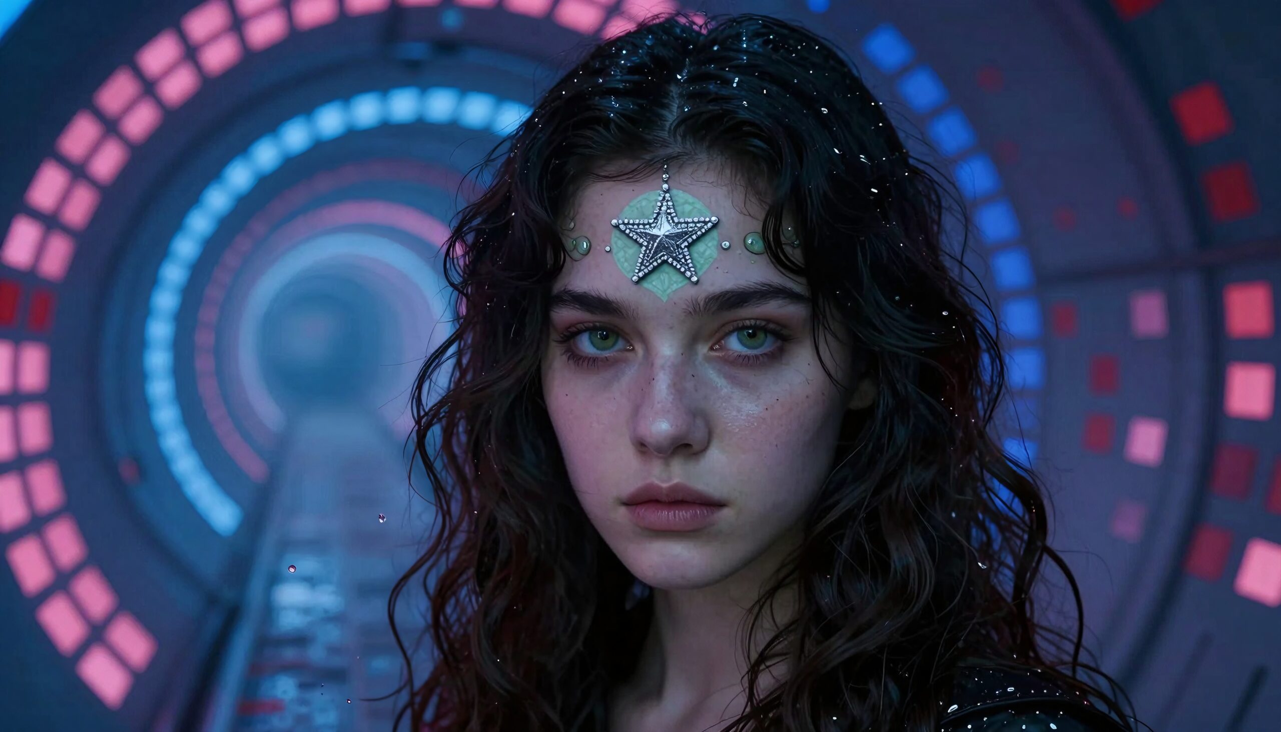 A young woman with green eyes and a star on her forehead stands in a glowing neon tunnel.