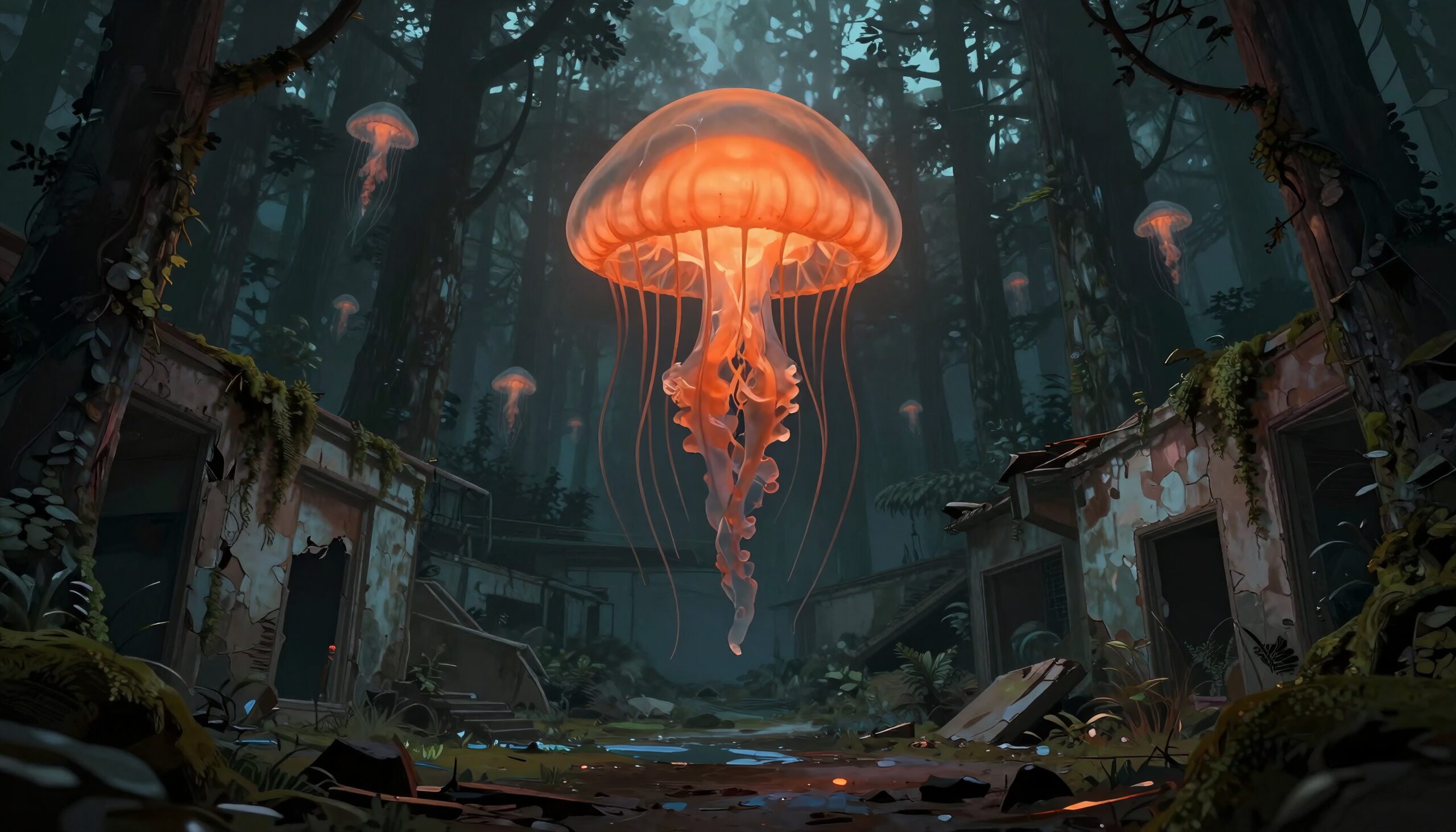 A glowing jellyfish floats in a mystical forest illuminated by ethereal light, surrounded by enchanting ruins.