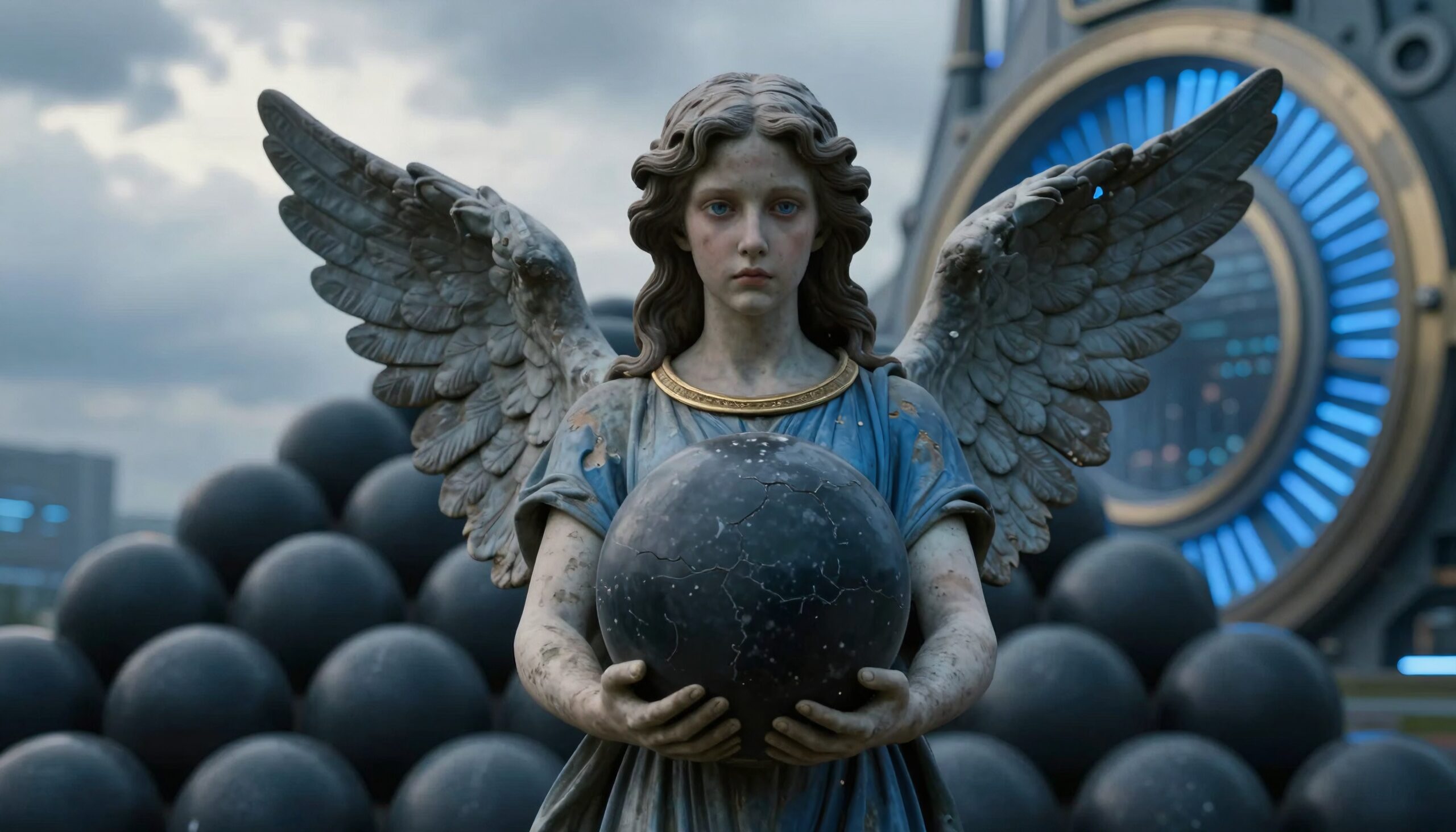 A weathered angel statue with intricately detailed wings holds a cracked orb in a futuristic setting, creating a solemn and ethereal atmosphere.