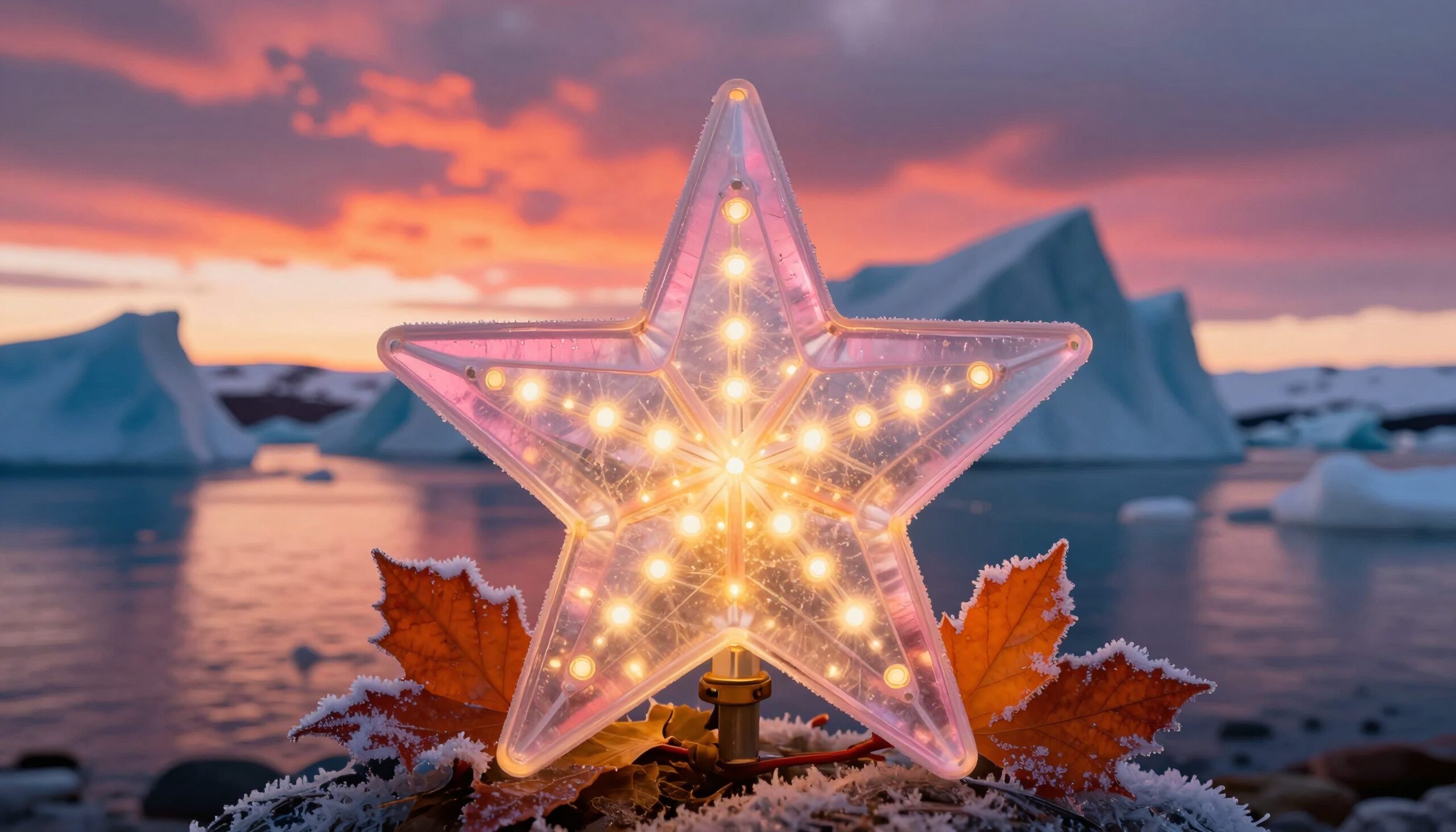 A lit star-shaped decoration with glowing bulbs, set against icy waters and a vibrant sunset sky, beside frosted autumn leaves.