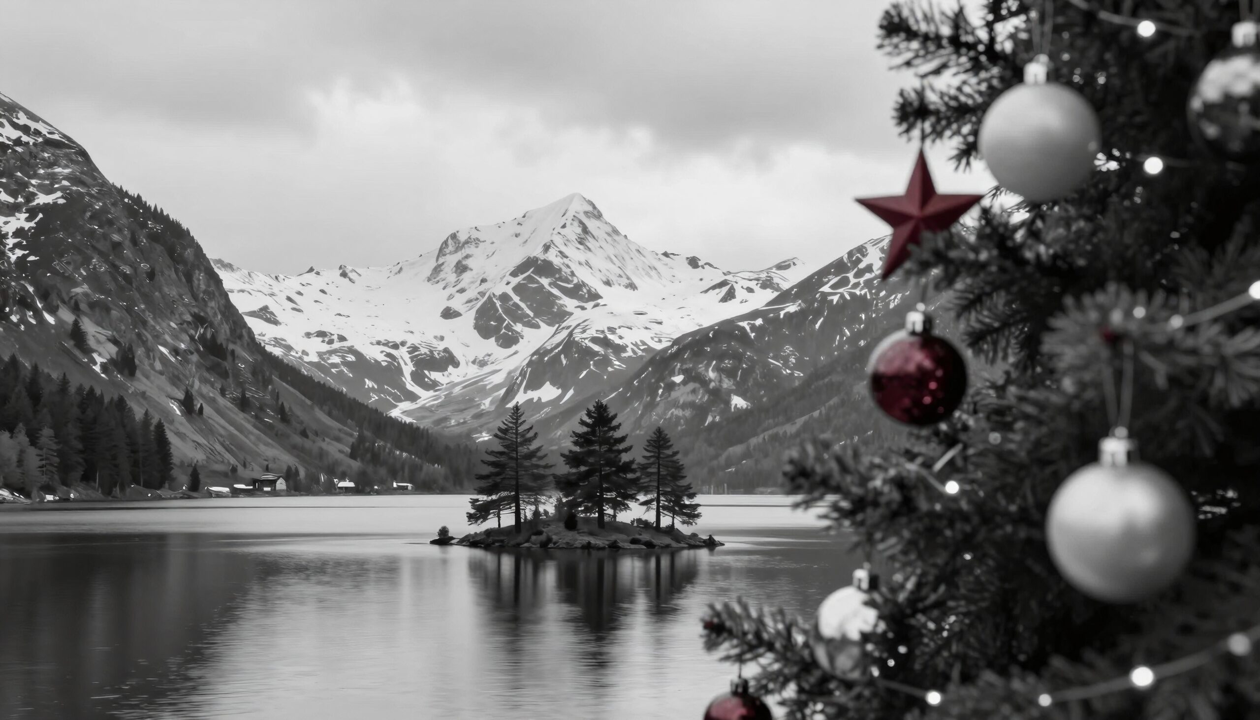 Scenic winter landscape with decorated Christmas tree and snowy mountains.