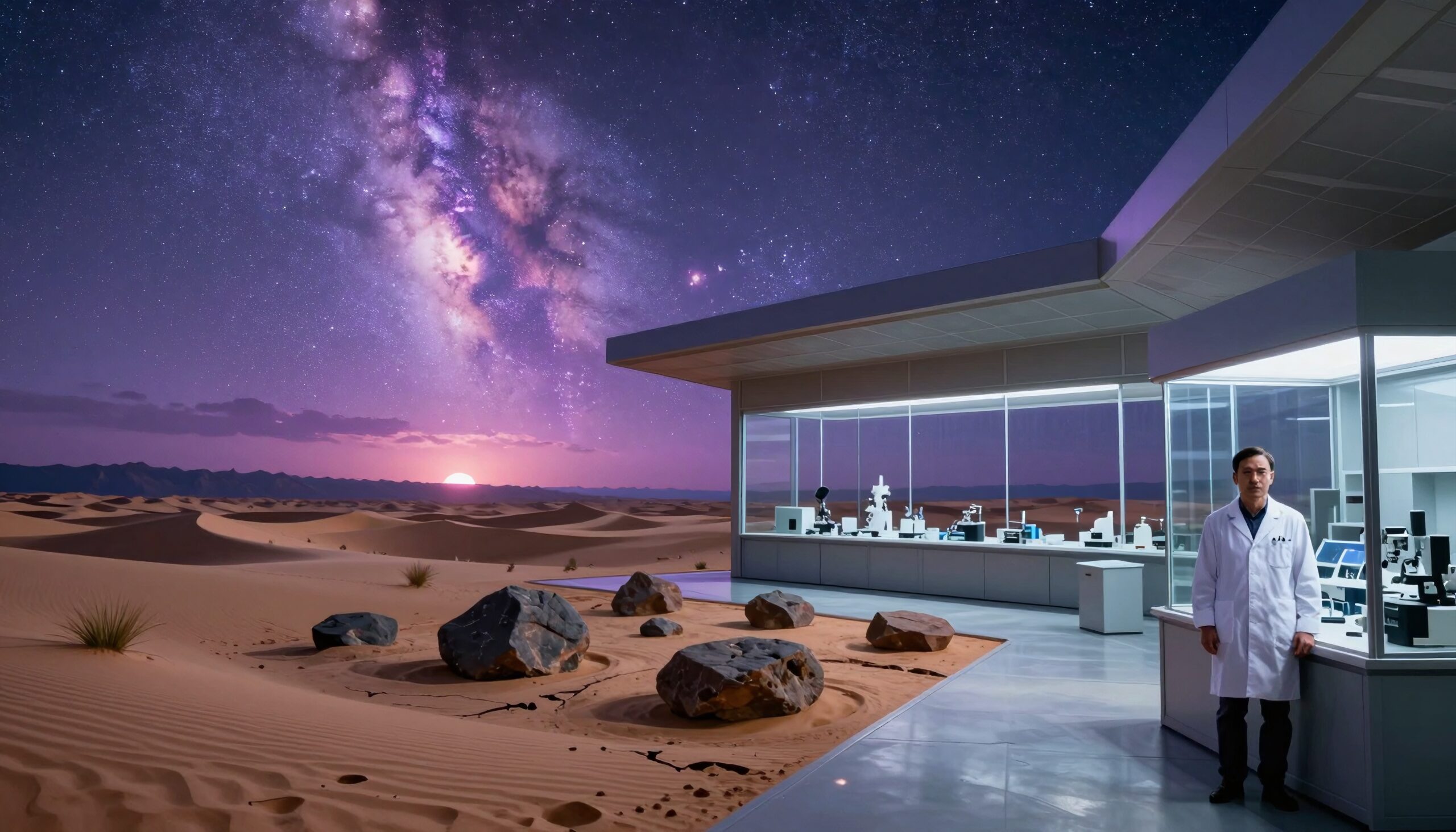 A desert laboratory under a star-studded sky with a scientist reflecting outside.