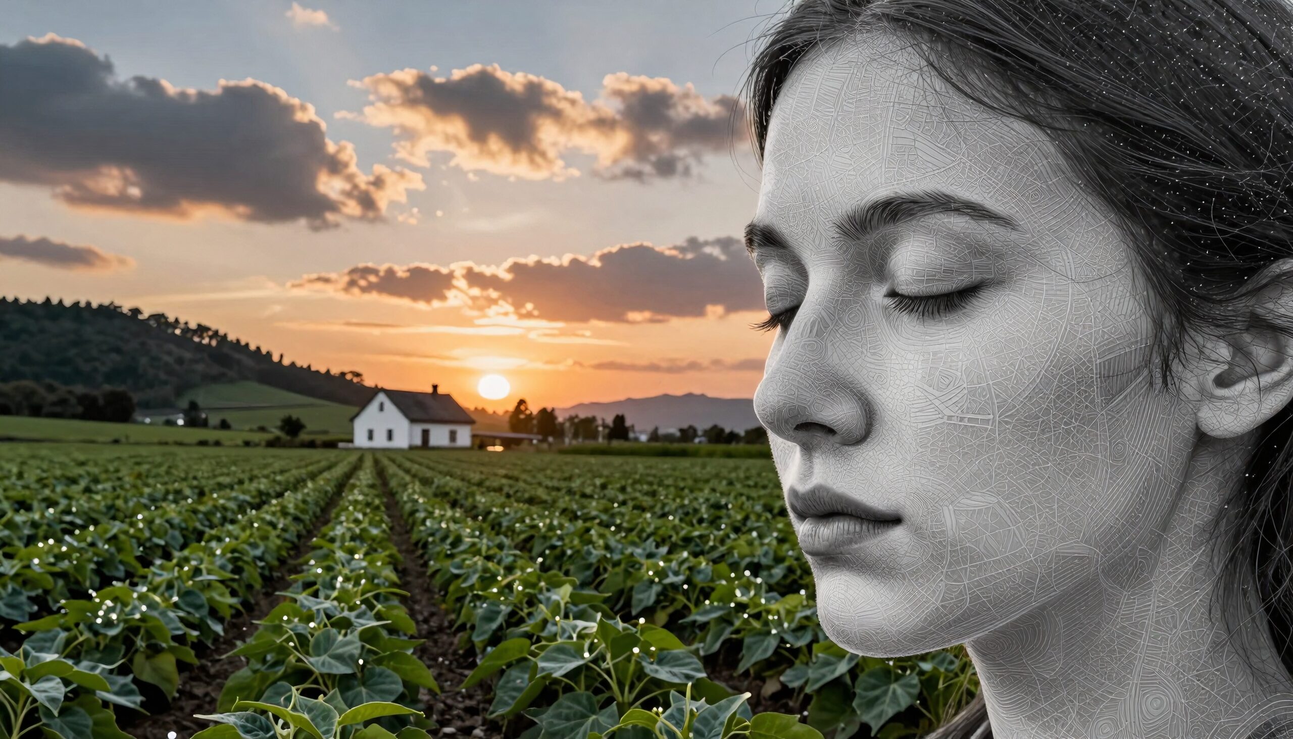 A woman’s digital portrait overlays a tranquil farm at sunset, blending technology and nature.