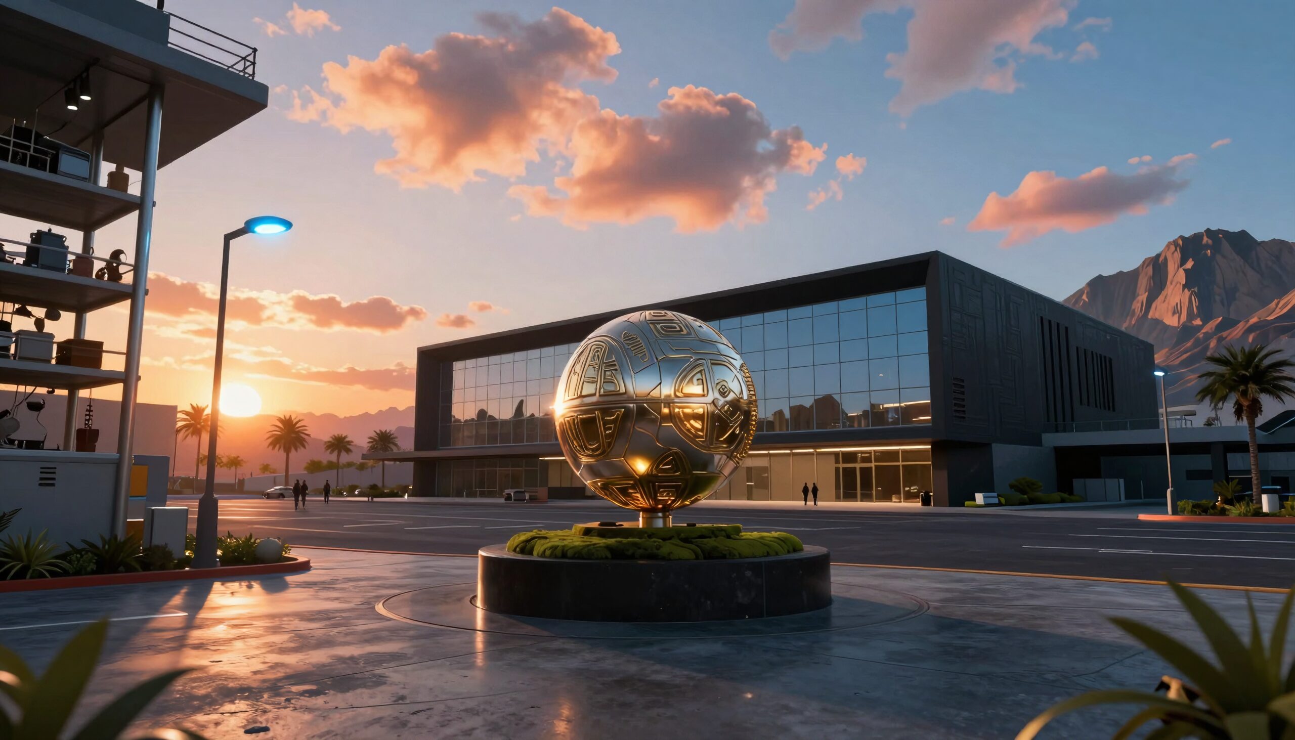 A futuristic scene with a golden sphere, modern buildings, and a sunset sky.