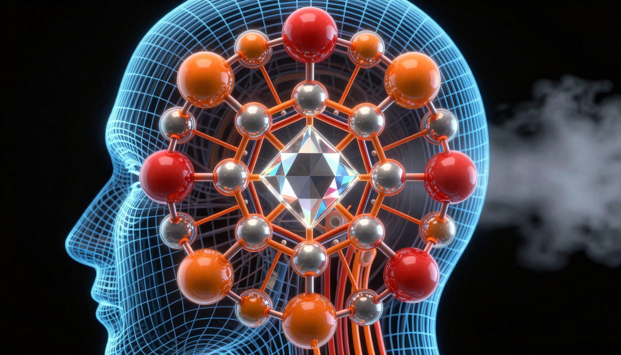 A digital render of a human head with a molecular structure at the center, symbolizing artificial intelligence and technology.