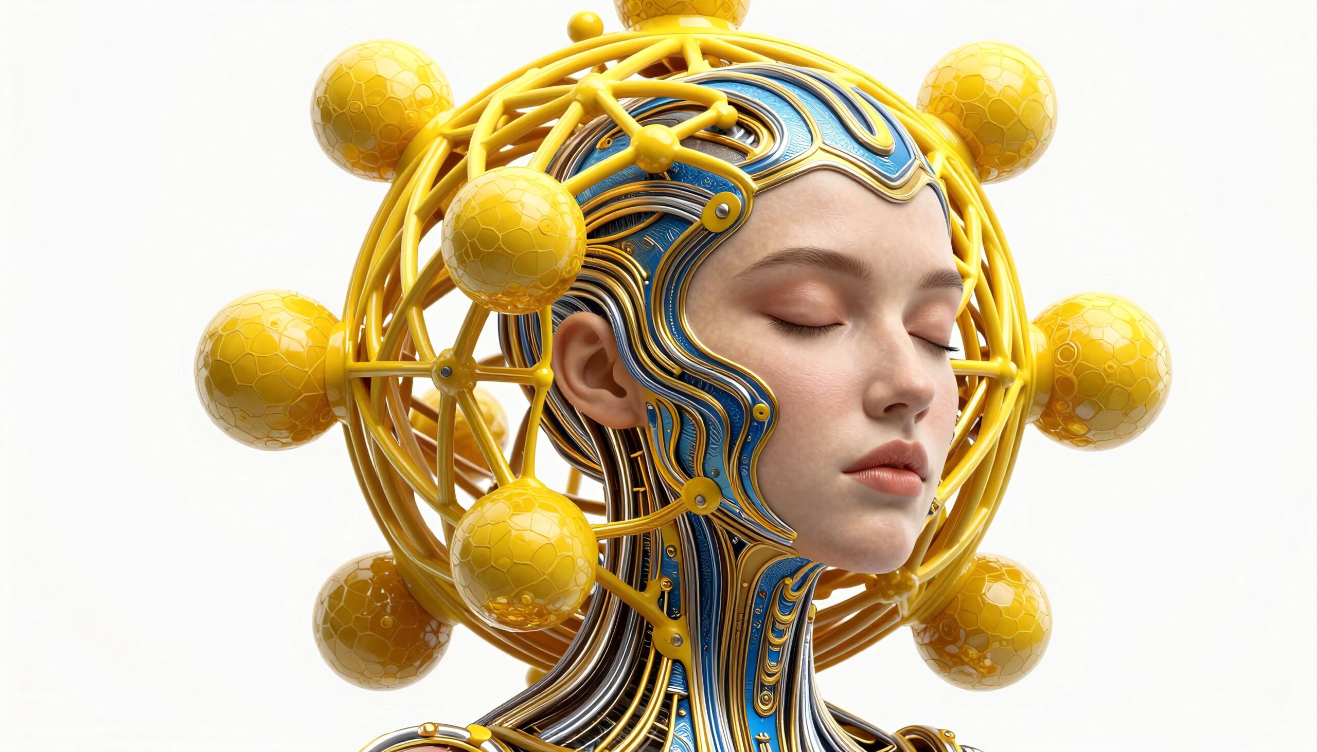 A futuristic digital art piece featuring a serene woman integrated with yellow and blue technological elements.