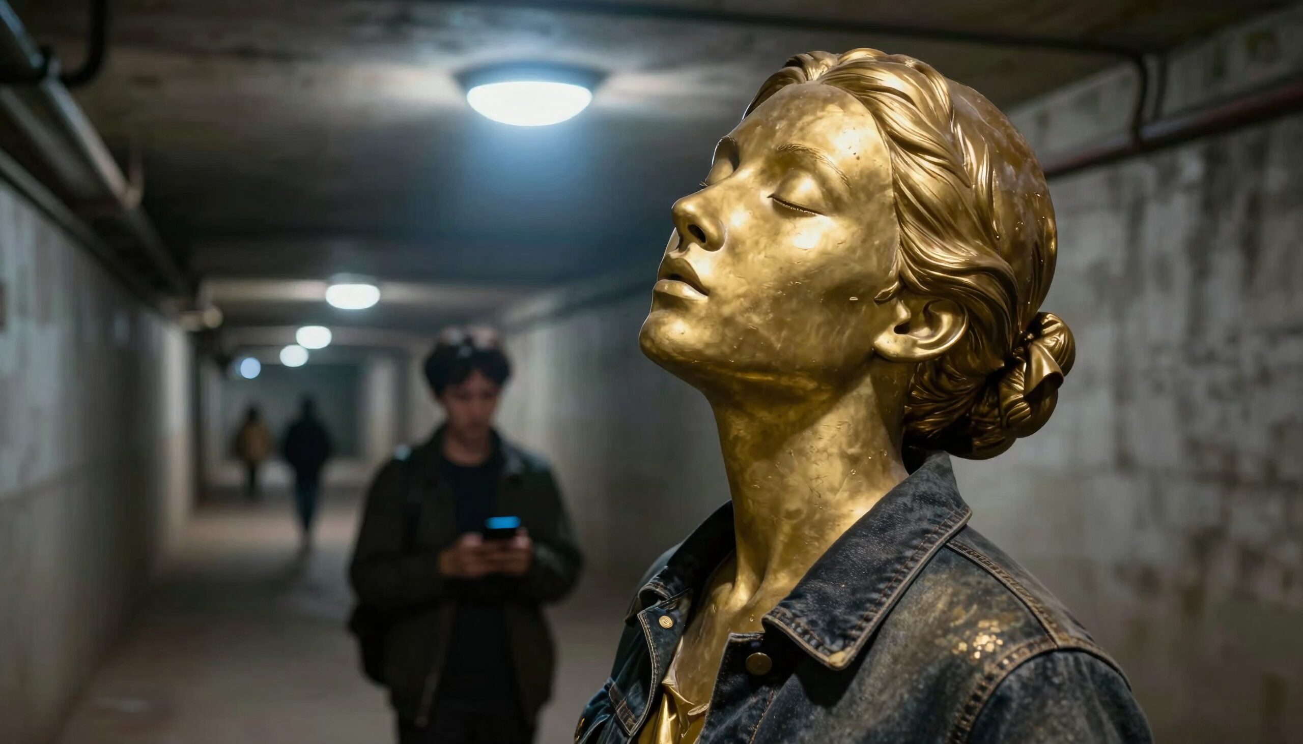 Bronze statue of woman in denim jacket in urban tunnel setting.