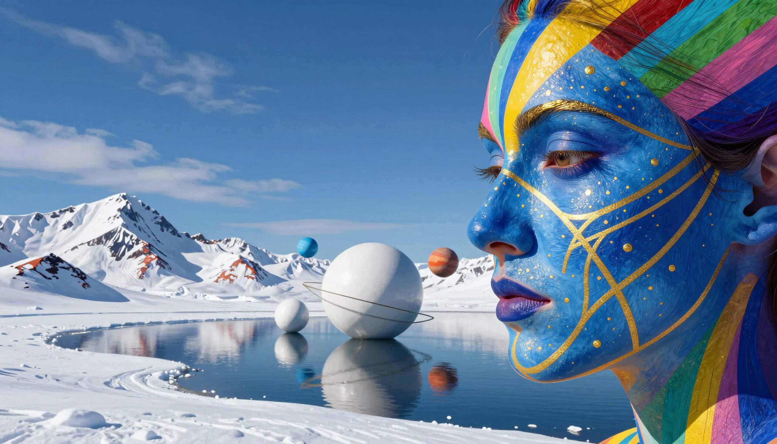 A woman with vibrant face paint, surrounded by snowy mountains and floating planets, creating a surreal fantasy scene.