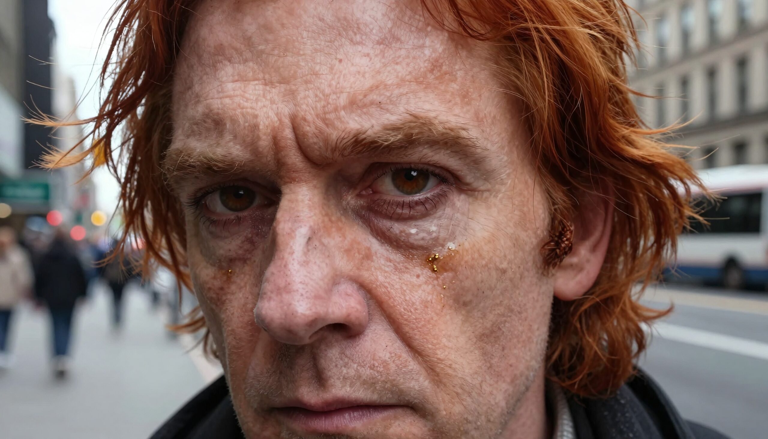 Close-up of a red-haired man on a city street with a thoughtful expression, against a bustling urban background.