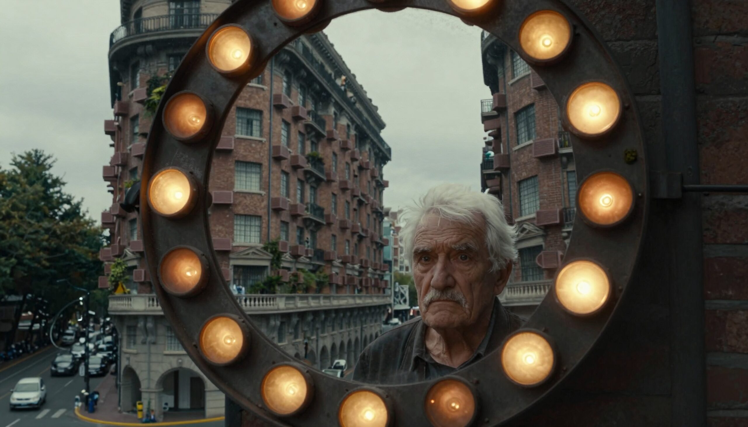 Elderly man framed by circular lights reflecting urban landscape.