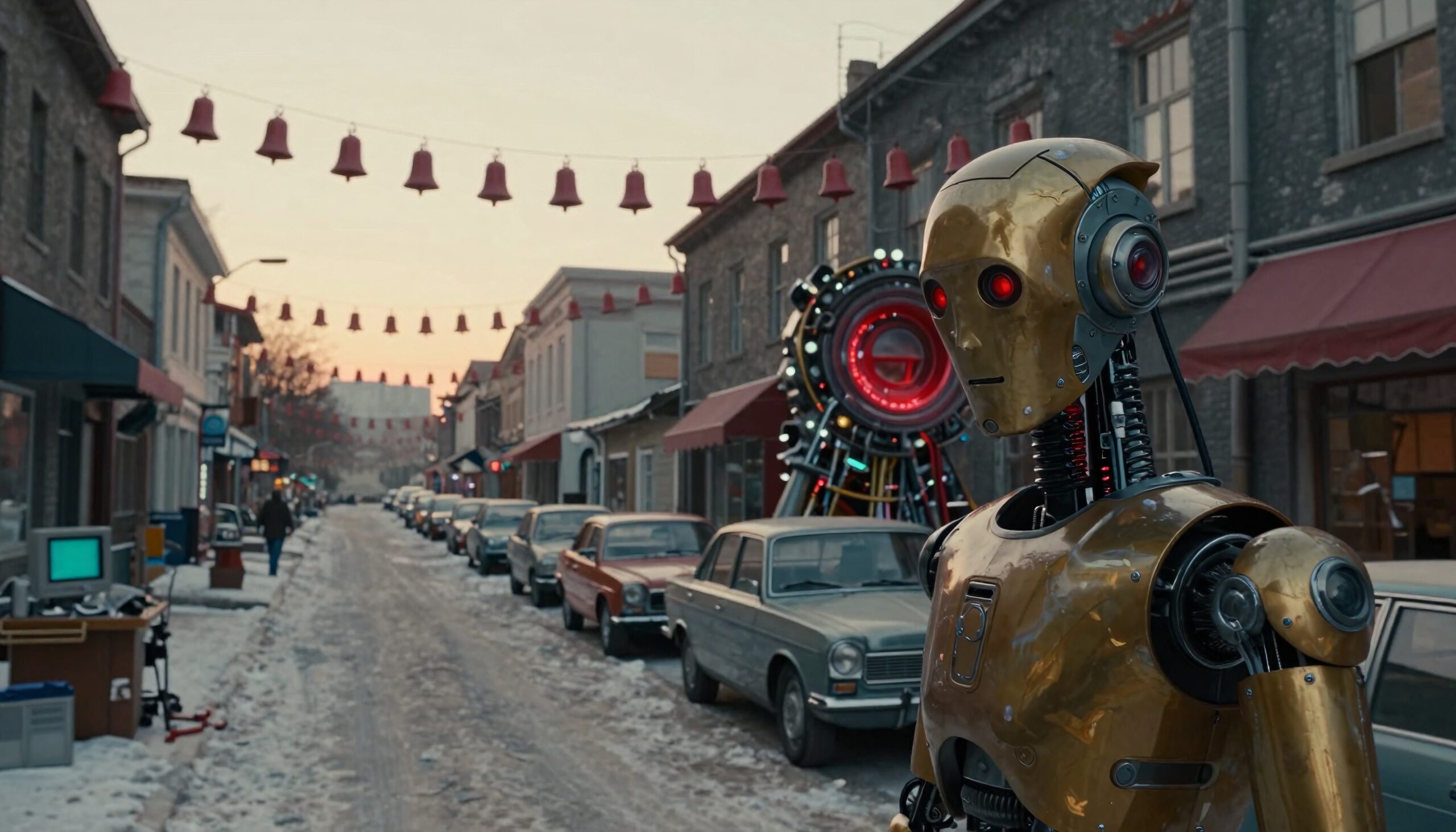 A futuristic robot stands in a snow-covered vintage street lined with cars, red bells above, and a sci-fi machine nearby.