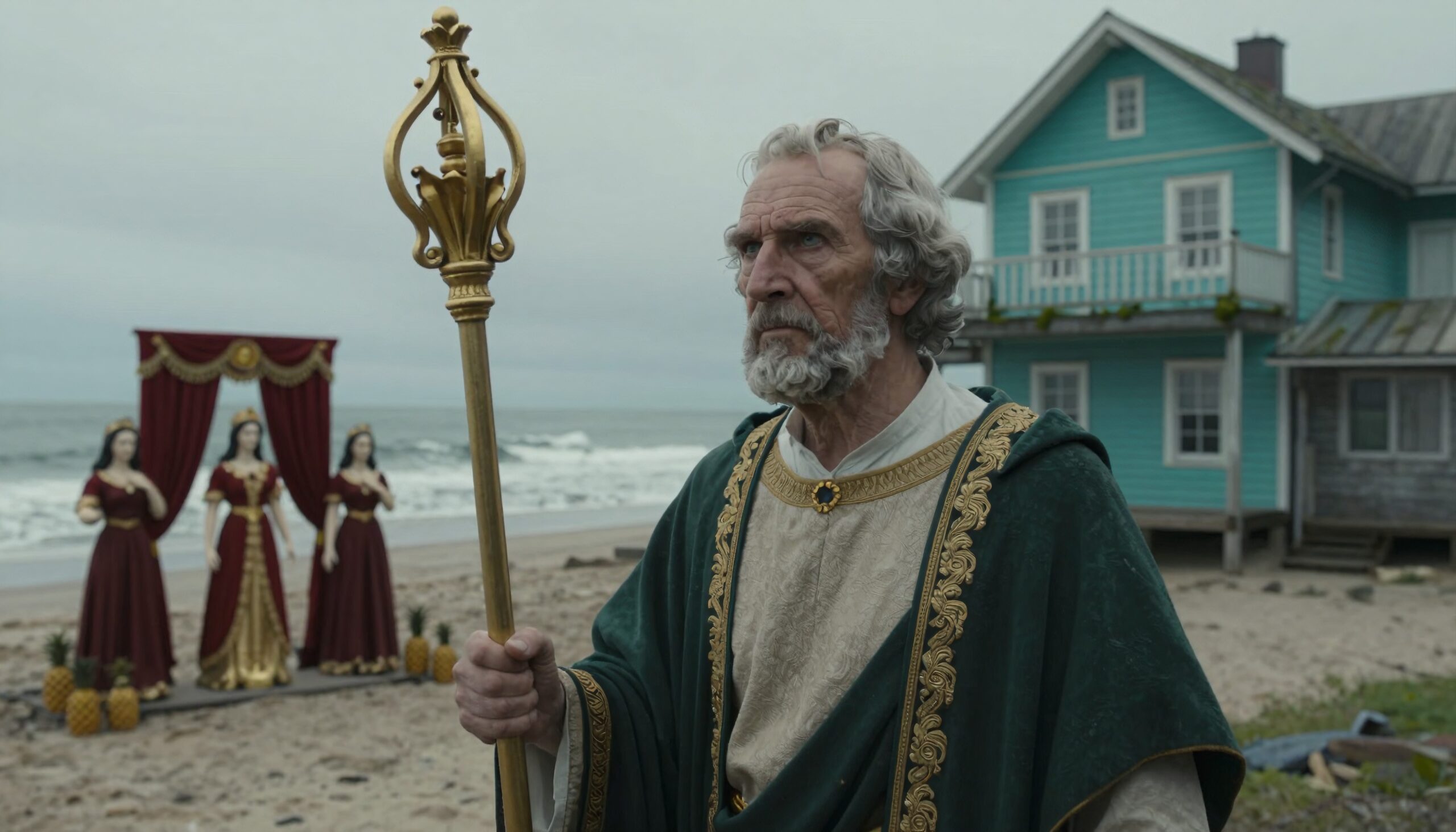 A bearded man in ceremonial attire with a staff on a beach, mannequins in gowns, and a turquoise house.