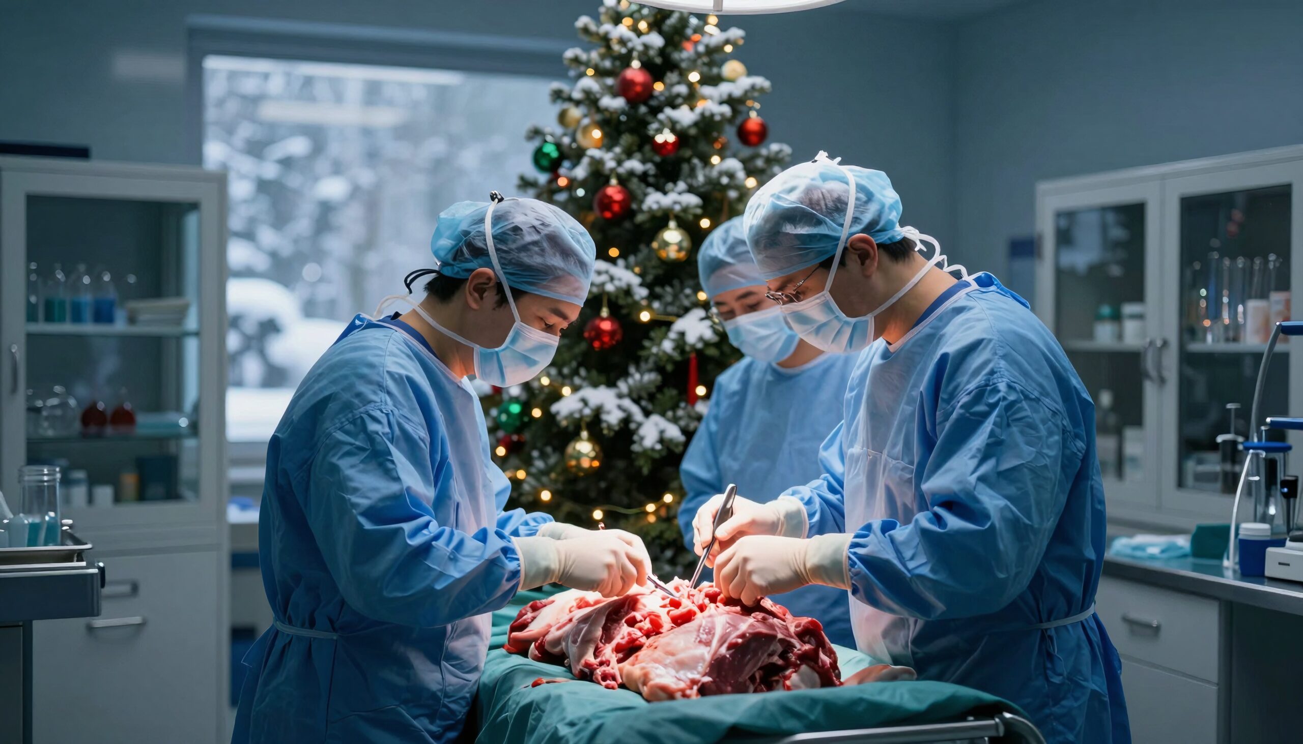 Surgeons operate with Christmas tree nearby.