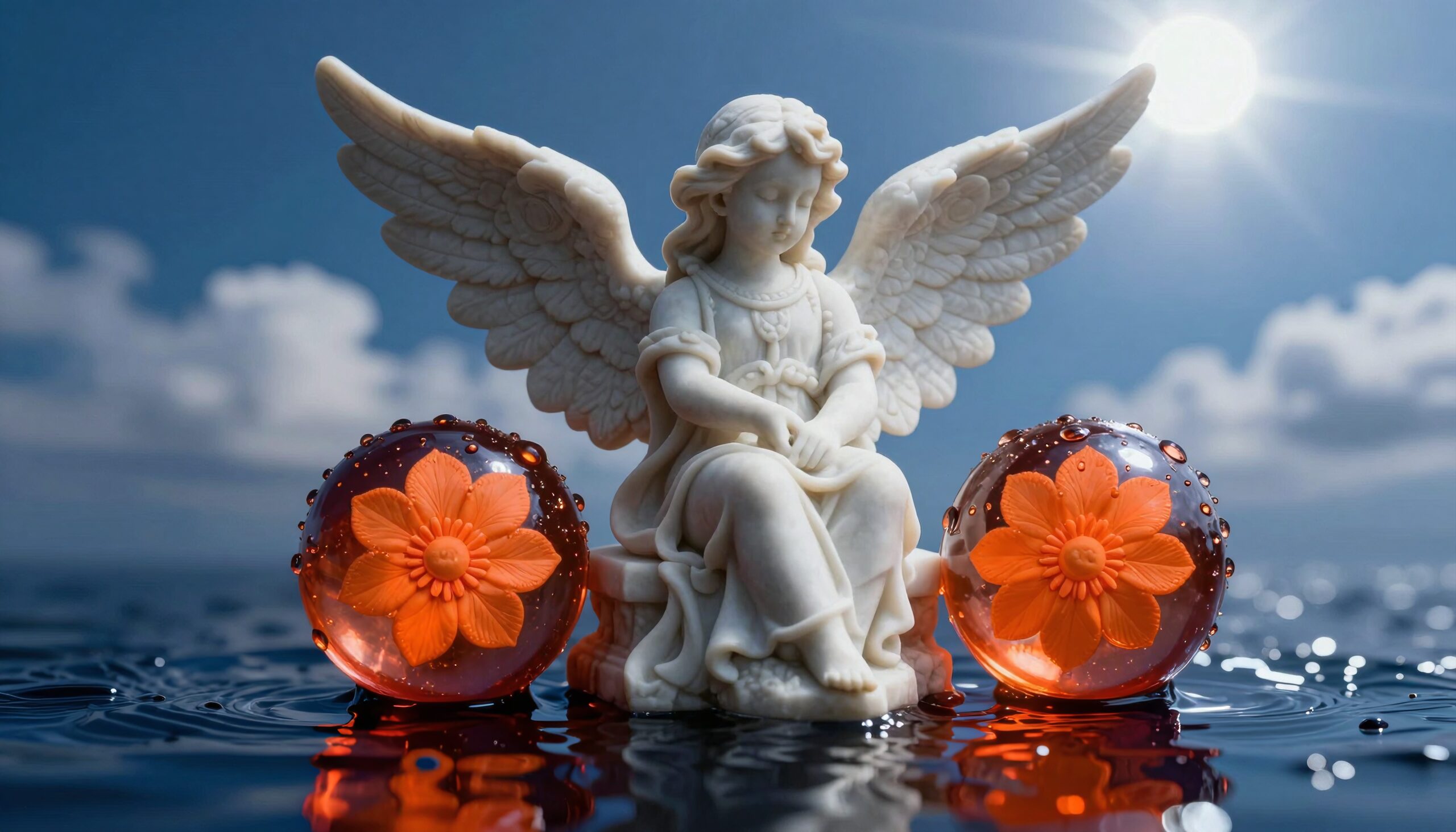A white angel statue sits between glass spheres on reflective water.