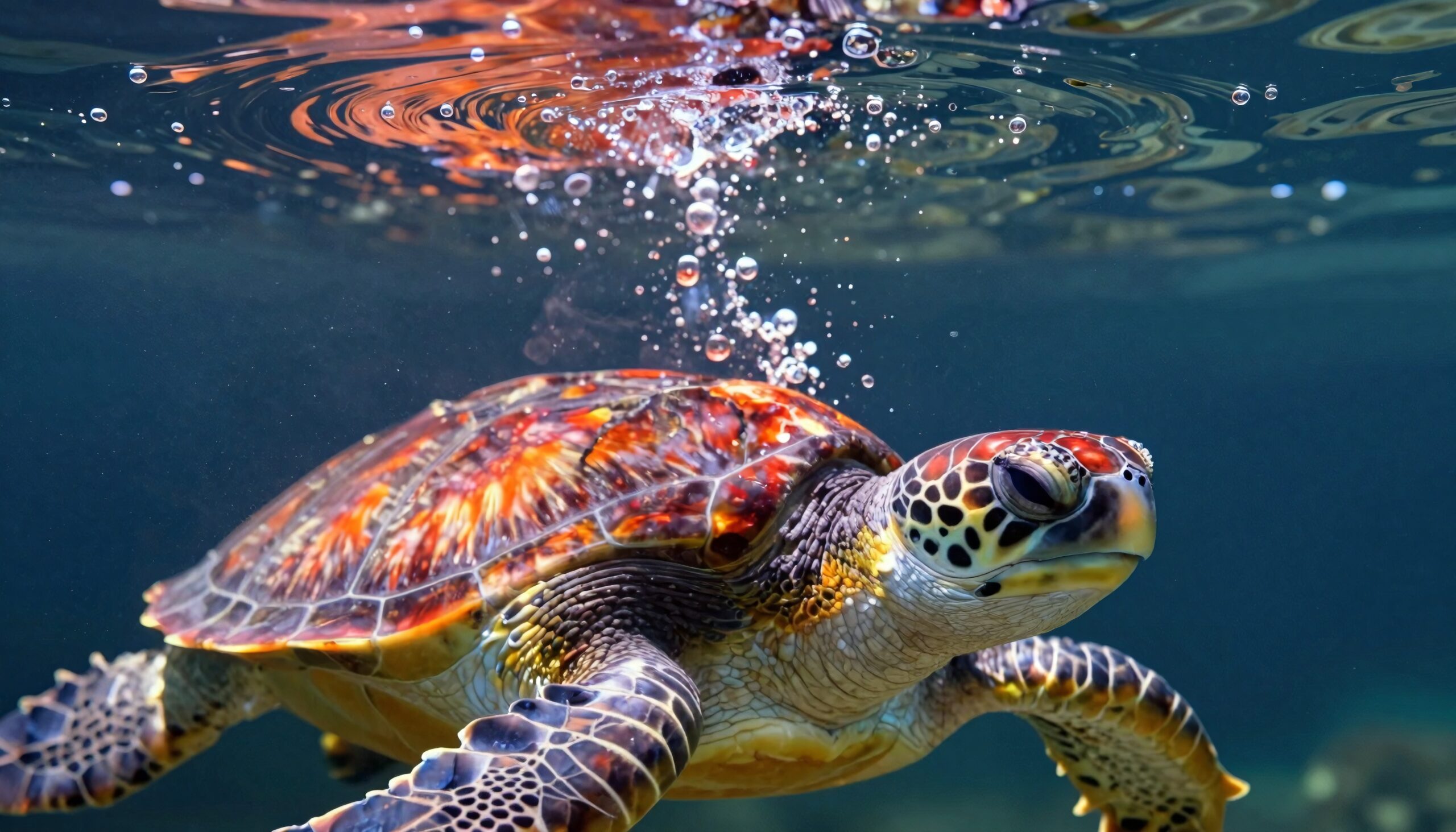 A colorful sea turtle swimming underwater with sunlight illuminating its patterned shell and bubbles rising.